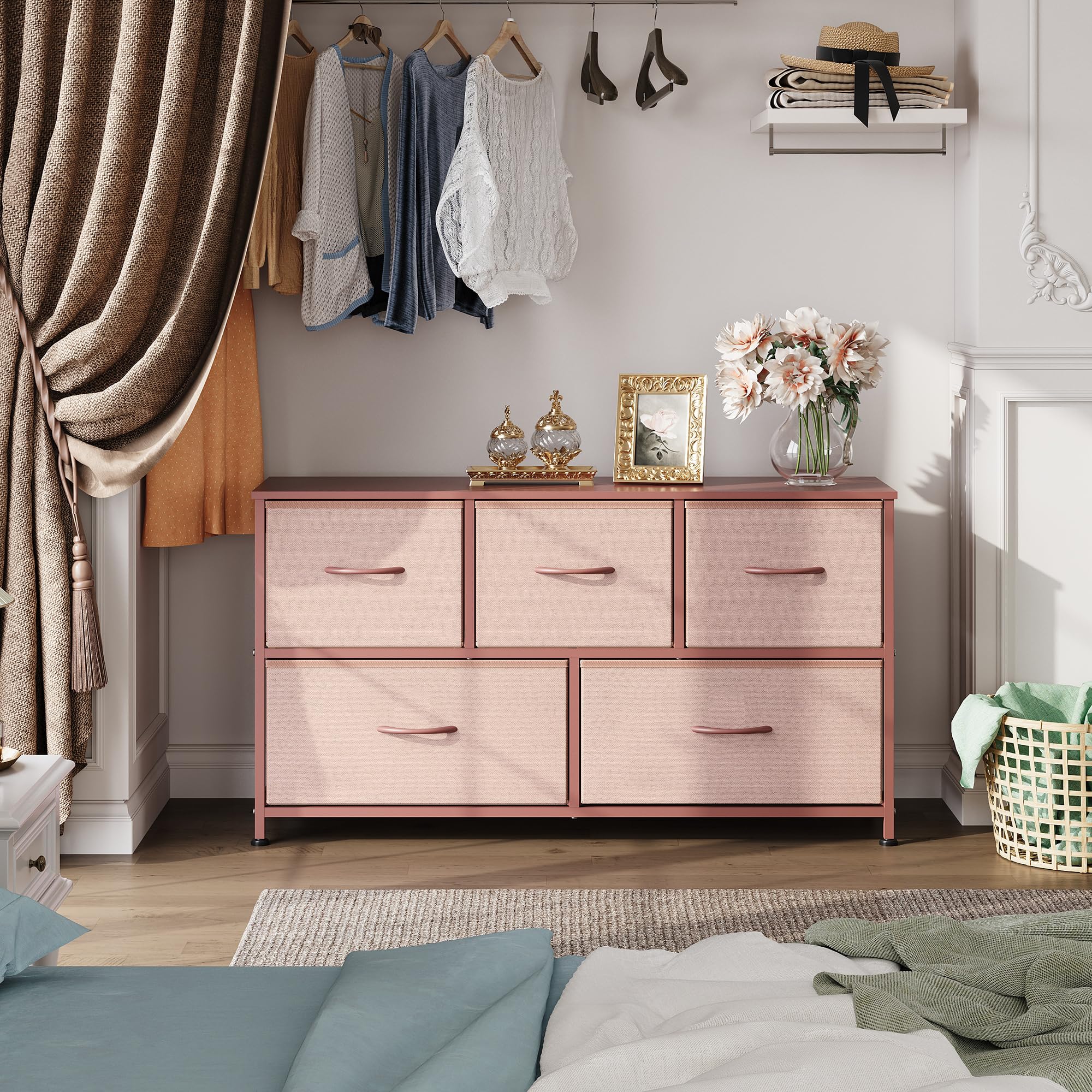 5-Drawer Fabric Dresser for Bedroom - Wide Storage Chest with Fabric Bins | Closet, Living Room & Hallway Organization | Pink & Rose Gold Home Decor