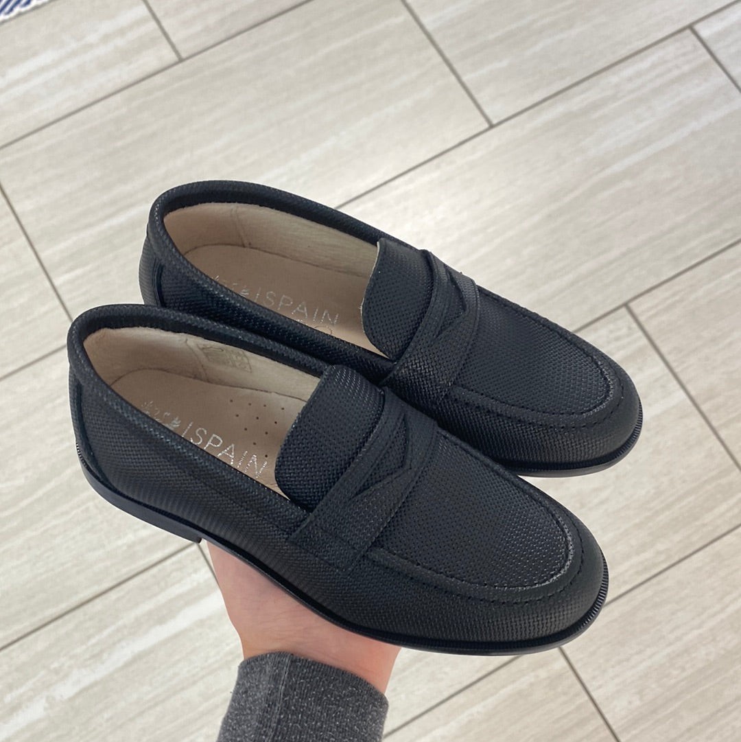 Spain+Co Black Textured Penny Loafers for Men - Classic Slip-On Dress Shoes for Business & Casual Wear - Perfect for Office, Weddings & Formal Events