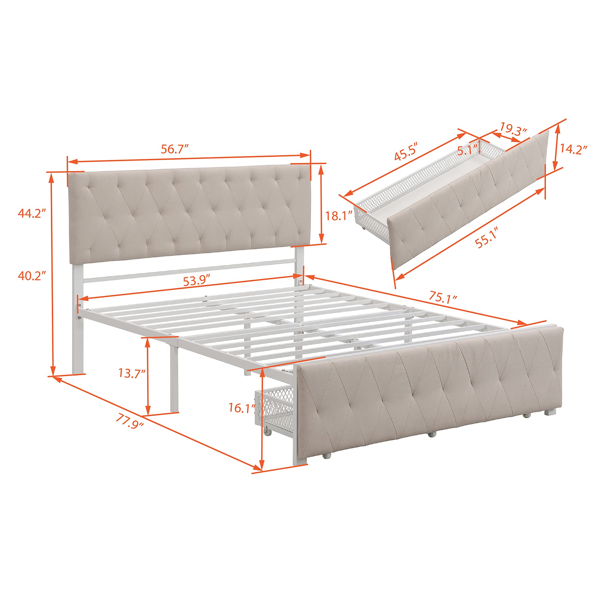 Kids Metal Storage Bed with Large Drawer - Full Size Platform Bed Frame No Box Spring Needed, Beige | Space-Saving Bedroom Solution for Children's Rooms & Small Spaces