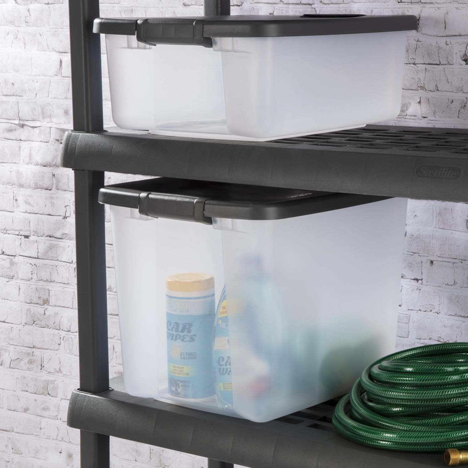 Sterilite 19376406 50-Quart Storage Bins with Lids - 6-Pack Stackable Shelf Totes in Driftwood & Platinum for Home Organization, Closet, Garage, and Office Storage Solutions
