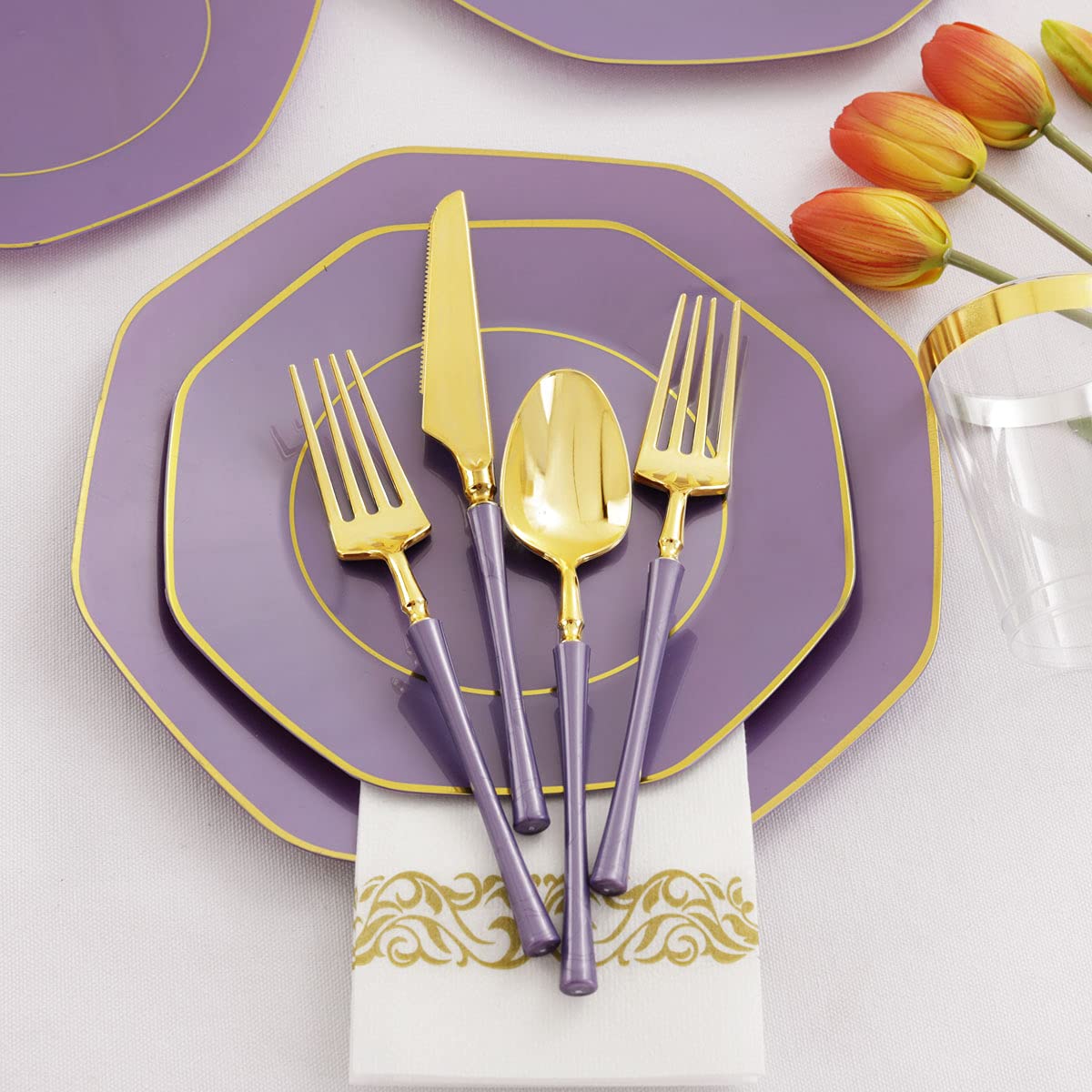 140-Piece Purple Plastic Party Set with Gold Rim Plates, Gold Silverware, Clear Cups & Napkins - Elegant Disposable Tableware for Mardi Gras, Mother's Day & Special Occasions - Perfect for Weddings, Birthday Parties & Holiday Gatherings