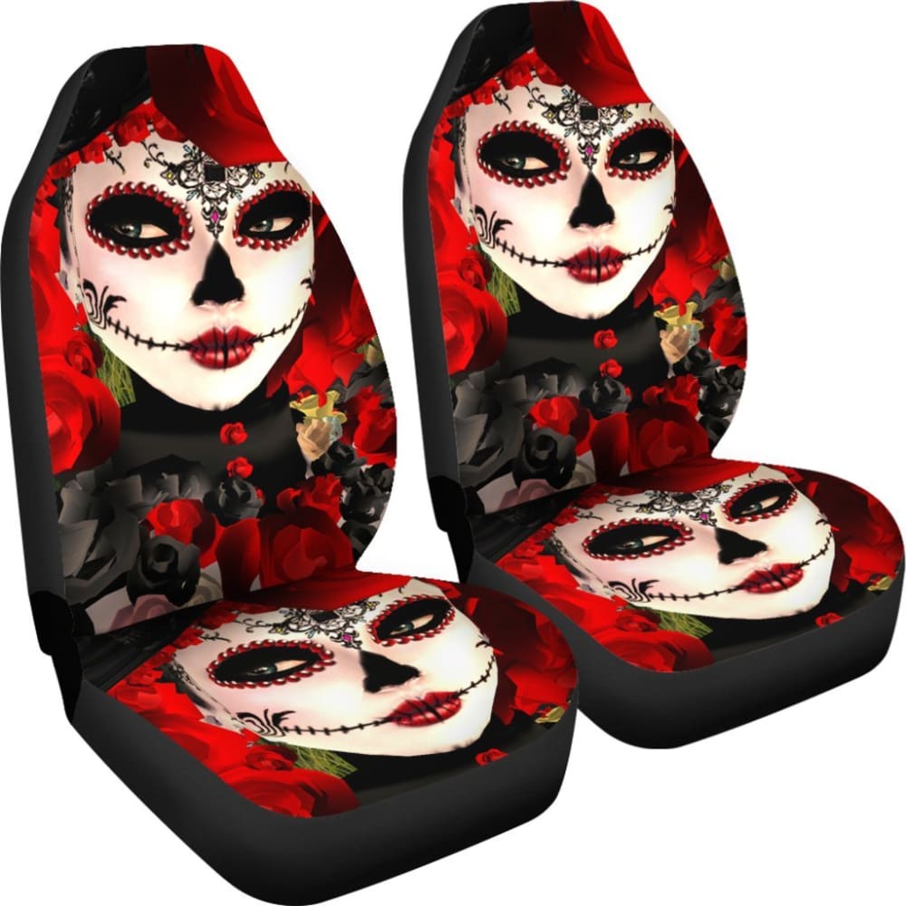 2 Pcs Sugar Skull Girl Car Seat Covers - Gothic Mexican Day of the Dead Design, Universal Fit for Most Vehicles, Soft & Durable - Perfect for Halloween, Dia de los Muertos, and Unique Car Decor