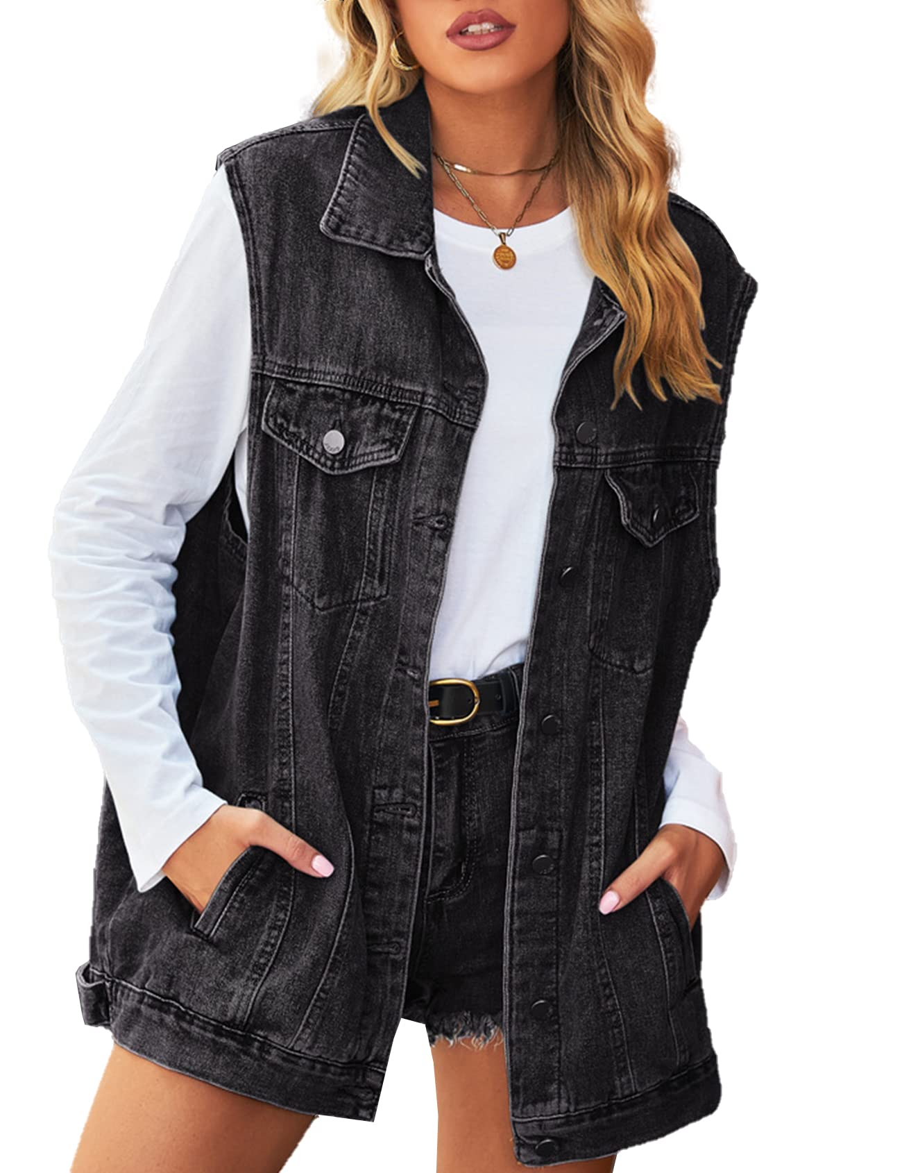 Gratoryna Women's Oversized Denim Vest - Sleeveless Button Down Long Jean Jacket for Casual Outfits & Layering