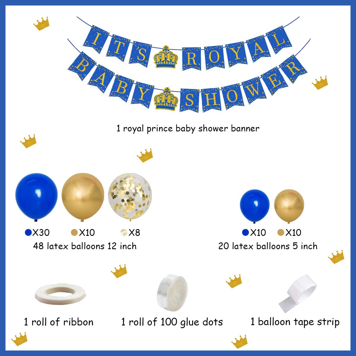 Royal Prince Baby Shower Decorations Kit - Blue & Gold Balloon Garland Arch, Crown Banner, Foil Balloons for Boys & Girls - Perfect for Little Prince Baby Showers, 1st Birthday Parties & Royal Themed Celebrations