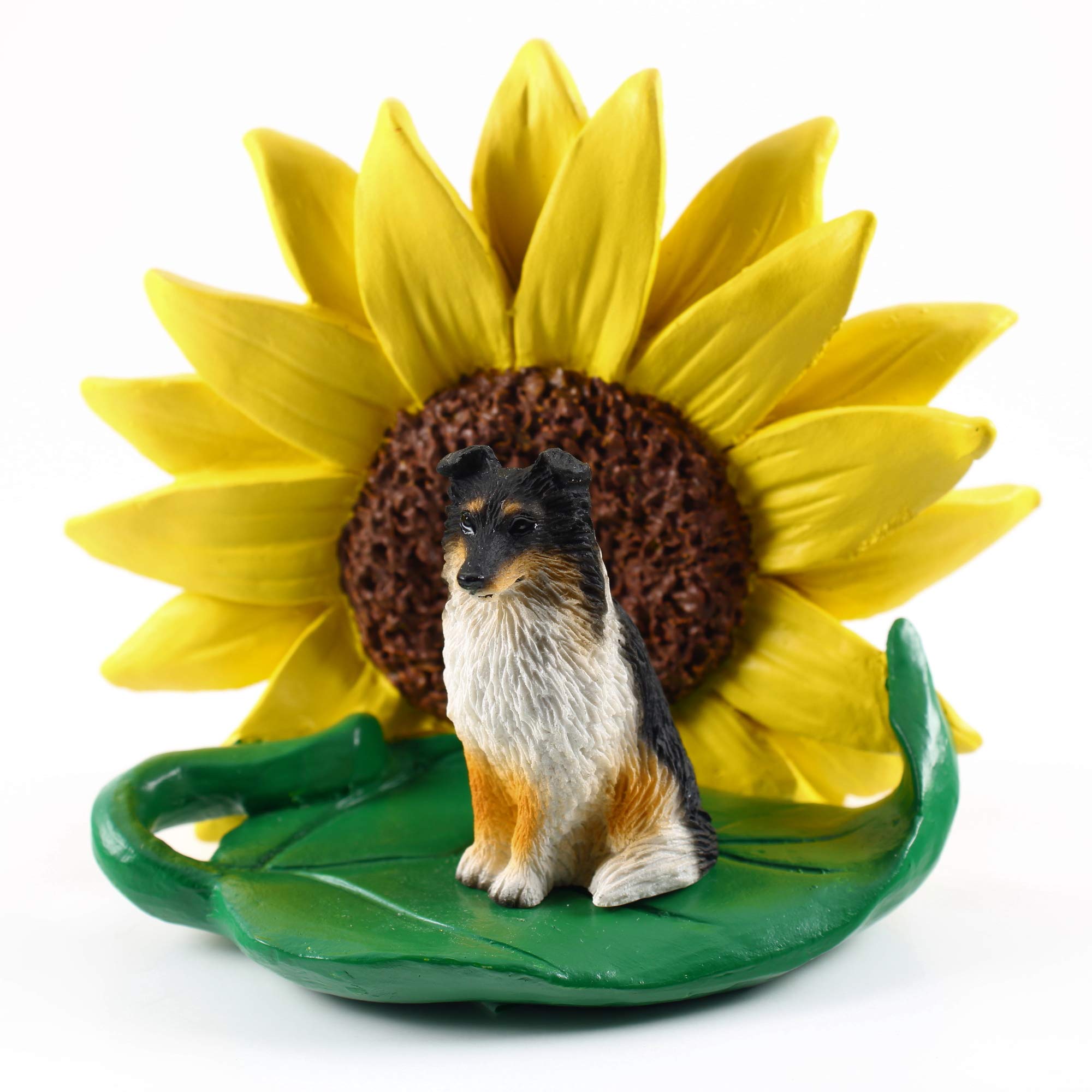 Realistic Hand Painted Sheltie Tri-Color Dog Figurine with Sunflower - Collectible Animal Sculpture for Home Office Desk Decor, Perfect Gift for Dog Lovers (Birthday, Mother's Day, Housewarming) - Ideal for Spring Decor, Summer Nursery Accent & Gift Giving Occasions