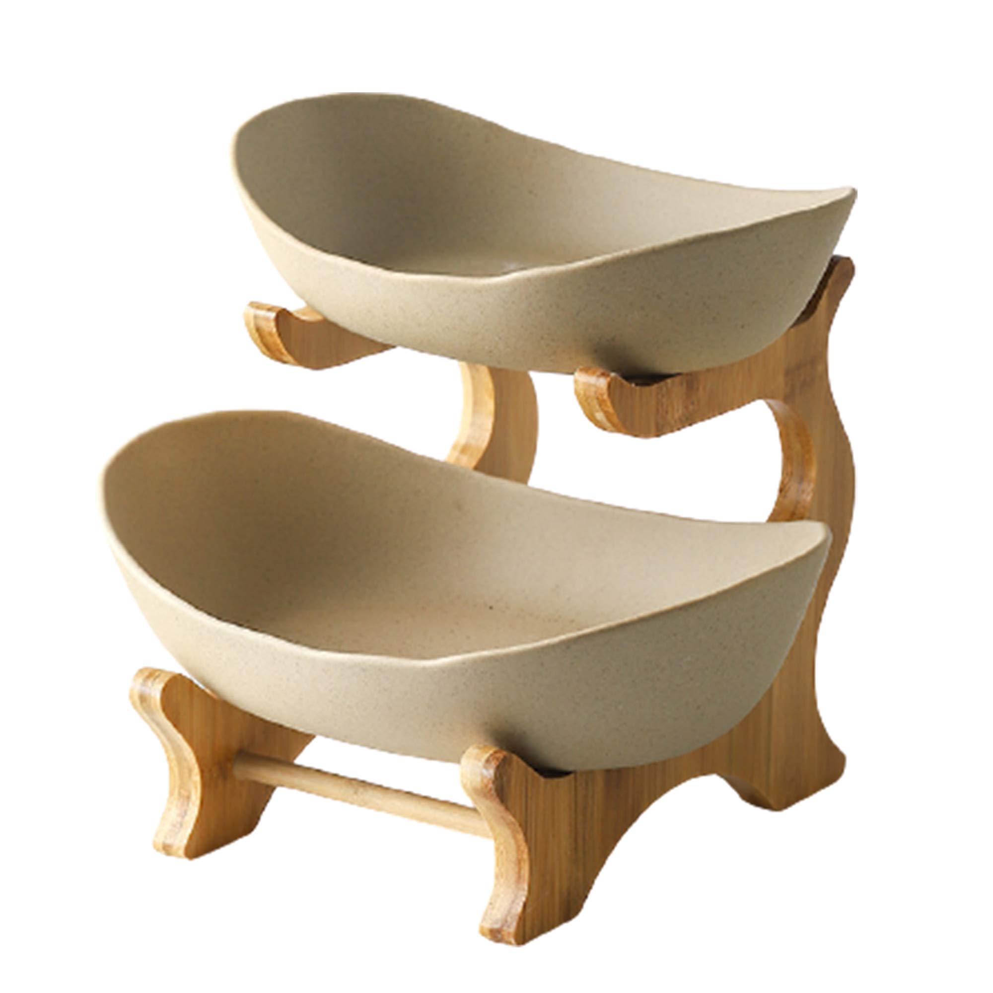 HIOD 2-Tier Ceramic Fruit Basket with Wooden Base - European Style Serving Bowl for Fruits, Snacks & Vegetables | Perfect for Kitchen Counter, Dining Table & Party Display
