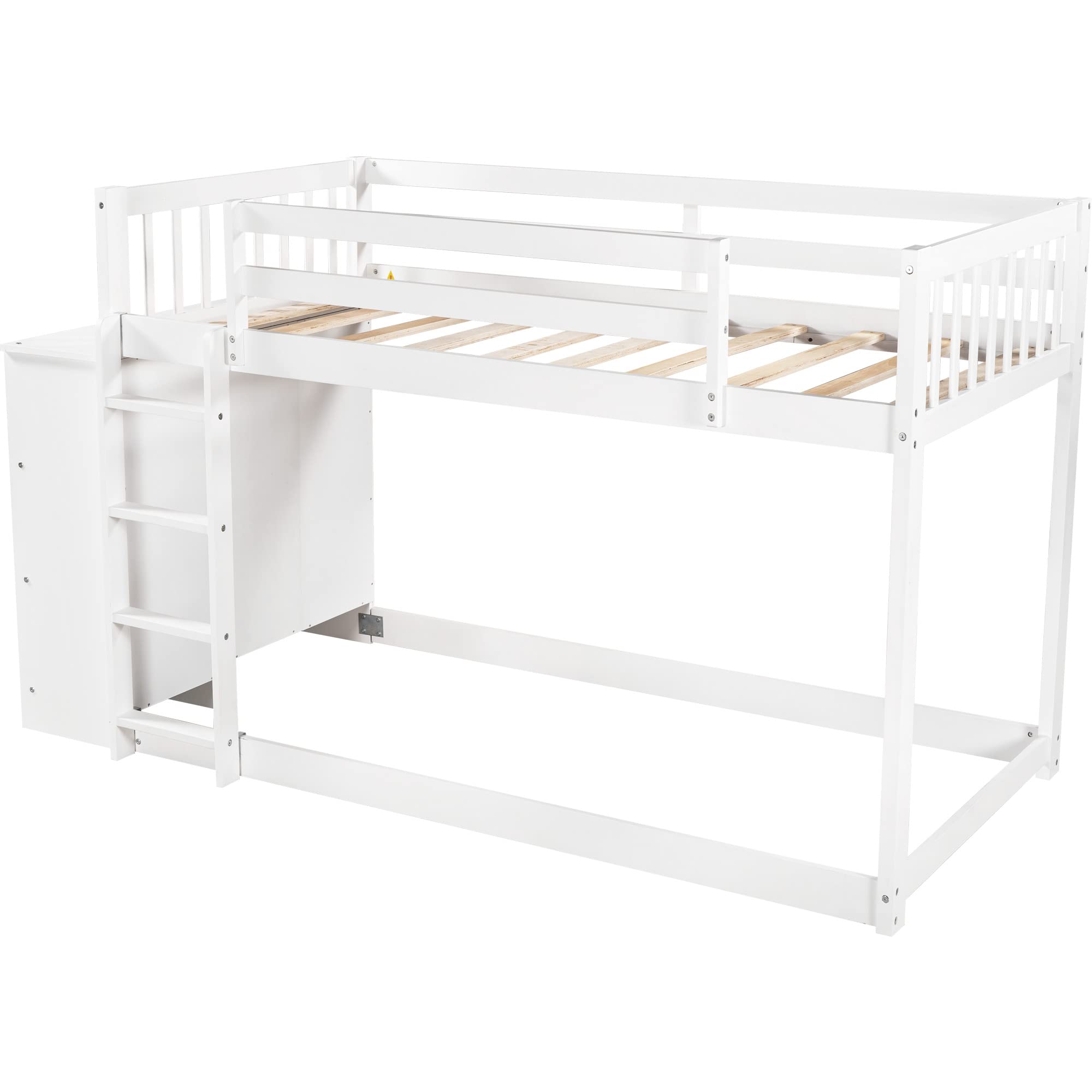 Twin Over Twin Solid Wood Bunk Bed with Storage Cabinet & Shelves - Low Loft Bed Frame with Ladder & Guardrails for Kids, Teens & Adults - Multi-Functional Space Saving Design (White) - Perfect for Small Bedrooms, Dorm Rooms & Guest Rooms