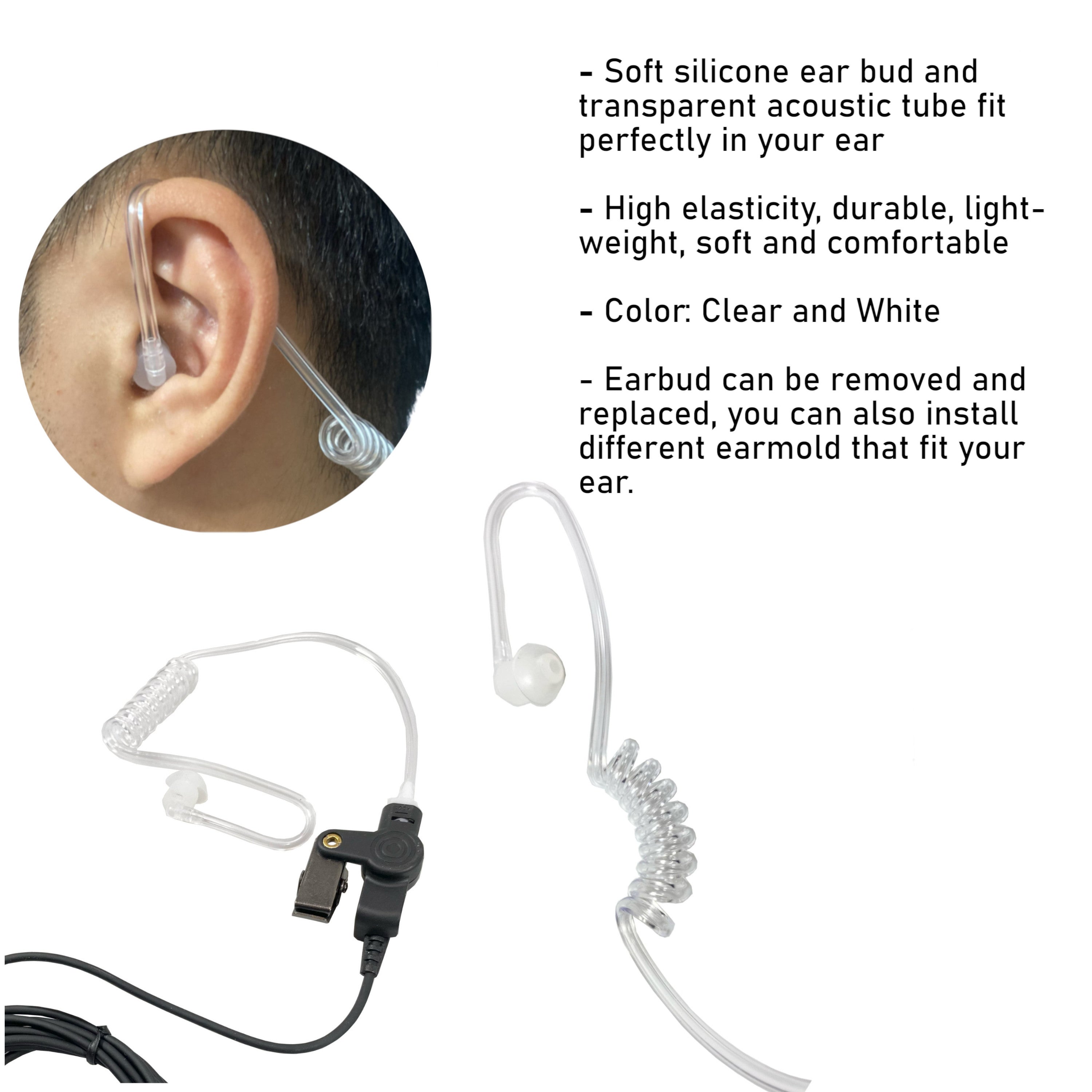 FBI Style Clear Twist On Replacement Acoustic Tube for Two Way Radio Headsets - Durable Communication Accessory for Security, Event Staff & Outdoor Activities