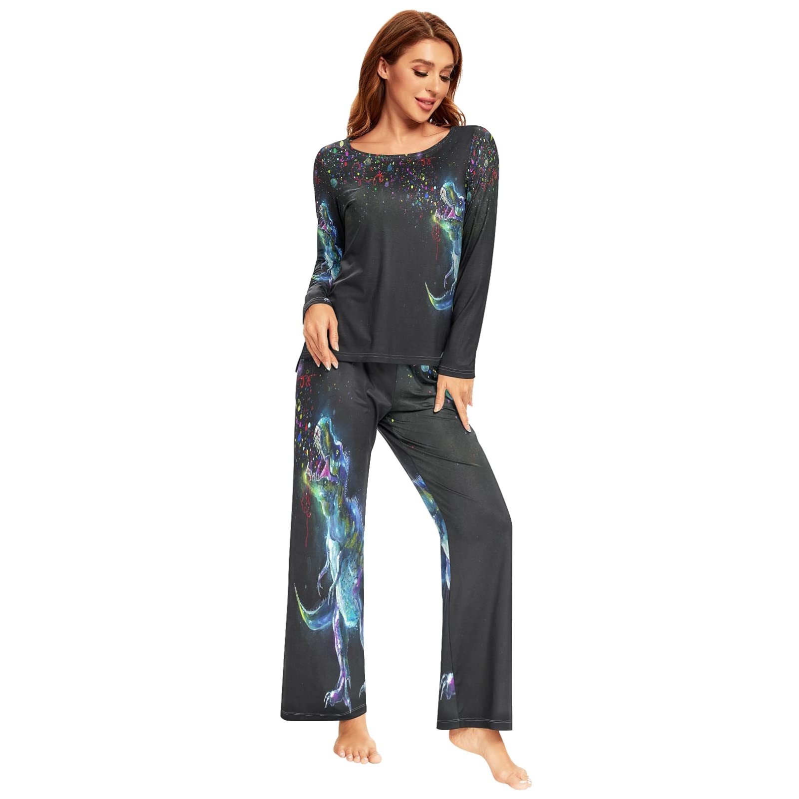 ALAZA Women's Dinosaur Print Watercolor Pajama Set - 2 Piece Long Sleeve Sleepwear & Loungewear for Cozy Nights, Sleepovers and Relaxing at Home