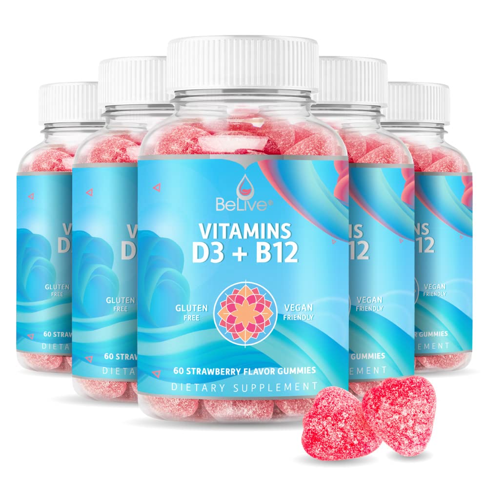 BeLive Vitamin D3 & B12 Gummies for Immune Support, Energy Boost & Bone Health - Vegan, Gluten-Free Strawberry Flavored Supplements (5 Pack) - Perfect for Daily Wellness & Active Lifestyle