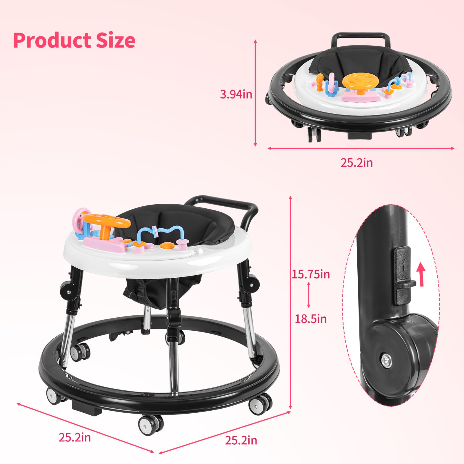 Foldable Baby Walker with Activity Center & Music - Adjustable Height (5 Levels) for Boys & Girls 6-12 Months - Includes Feeding Tray & Wheels - Perfect for Learning to Walk & Indoor Playtime