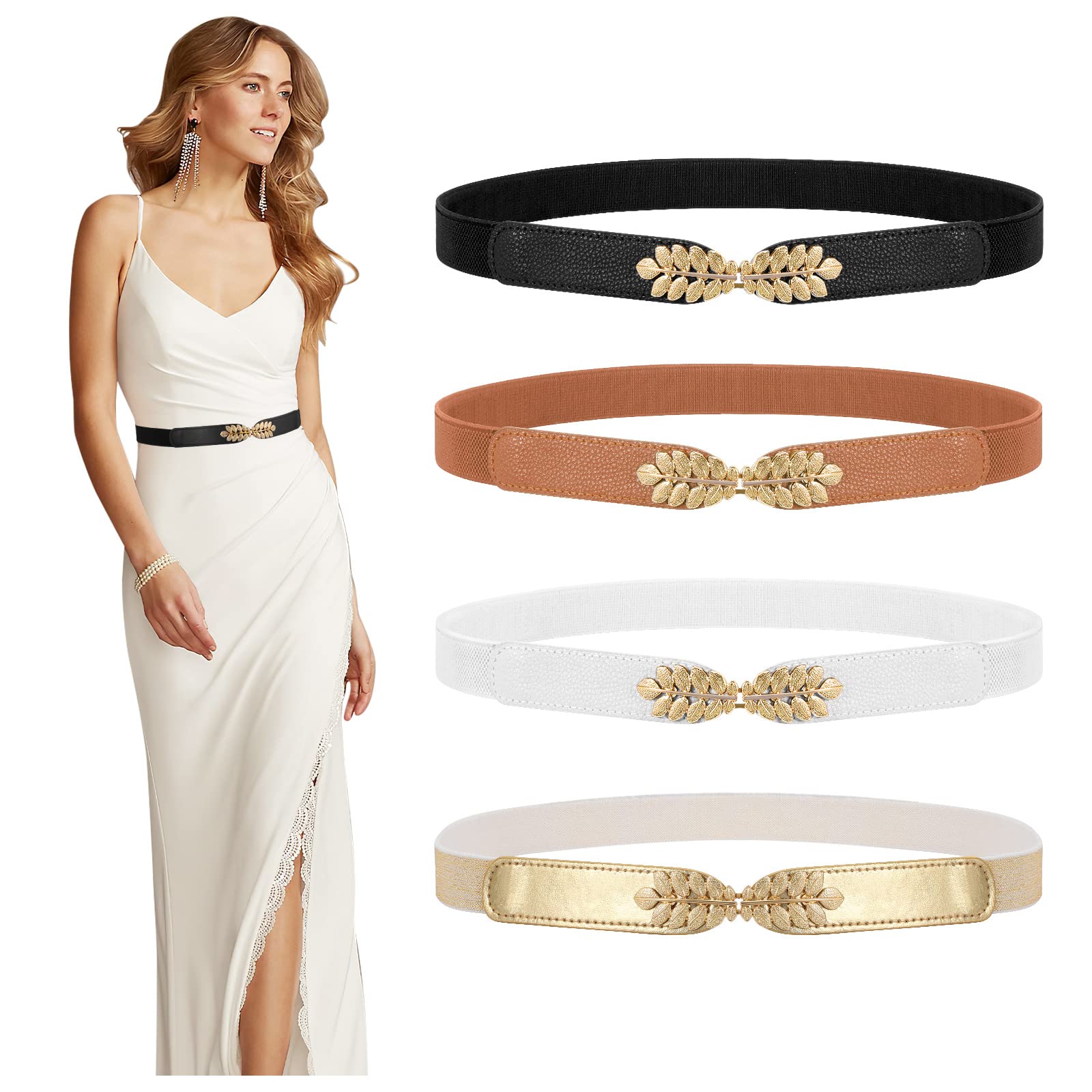 WERFORU 4 Pack Women's Stretchy Skinny Belts - Fashion Leaf Alloy Buckle Thin Waist Belt for Dresses, Pants & Jeans - Perfect for Casual, Office & Party Outfits