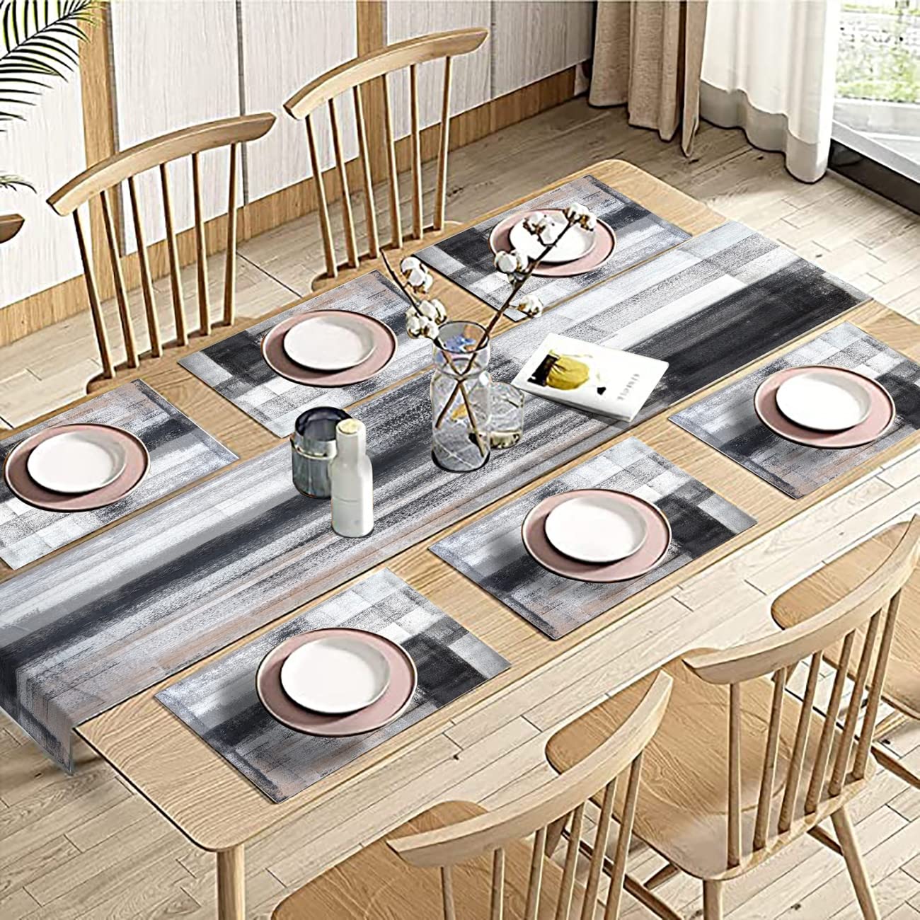 Modern Black & Grey Table Runner and 6-Piece Placemats Set - Abstract Black White Gray Pink Linen Dining Table Mats - Washable Ivory Table Decor (70 Inches Long) - Perfect for Dinner Parties, Weddings & Home Decor