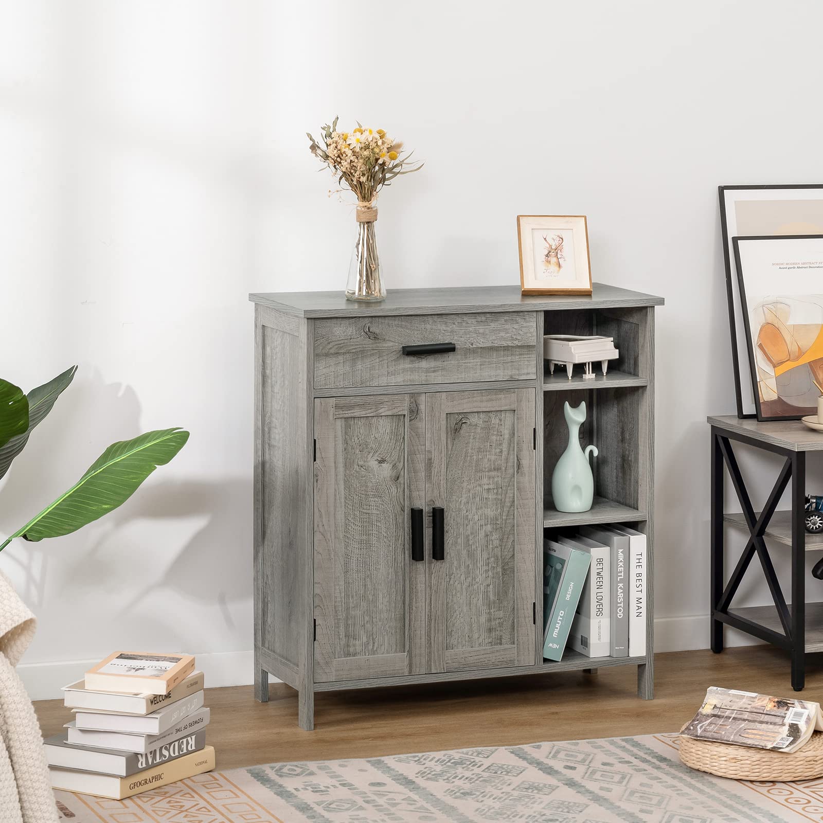 WEENFON Storage Cabinet with Drawers - Bathroom Organizer, Coffee Bar Cabinet with Doors & Shelves - Freestanding Cupboard for Living Room, Bedroom, Kitchen - Grey - Perfect for Home Organization & Small Space Storage