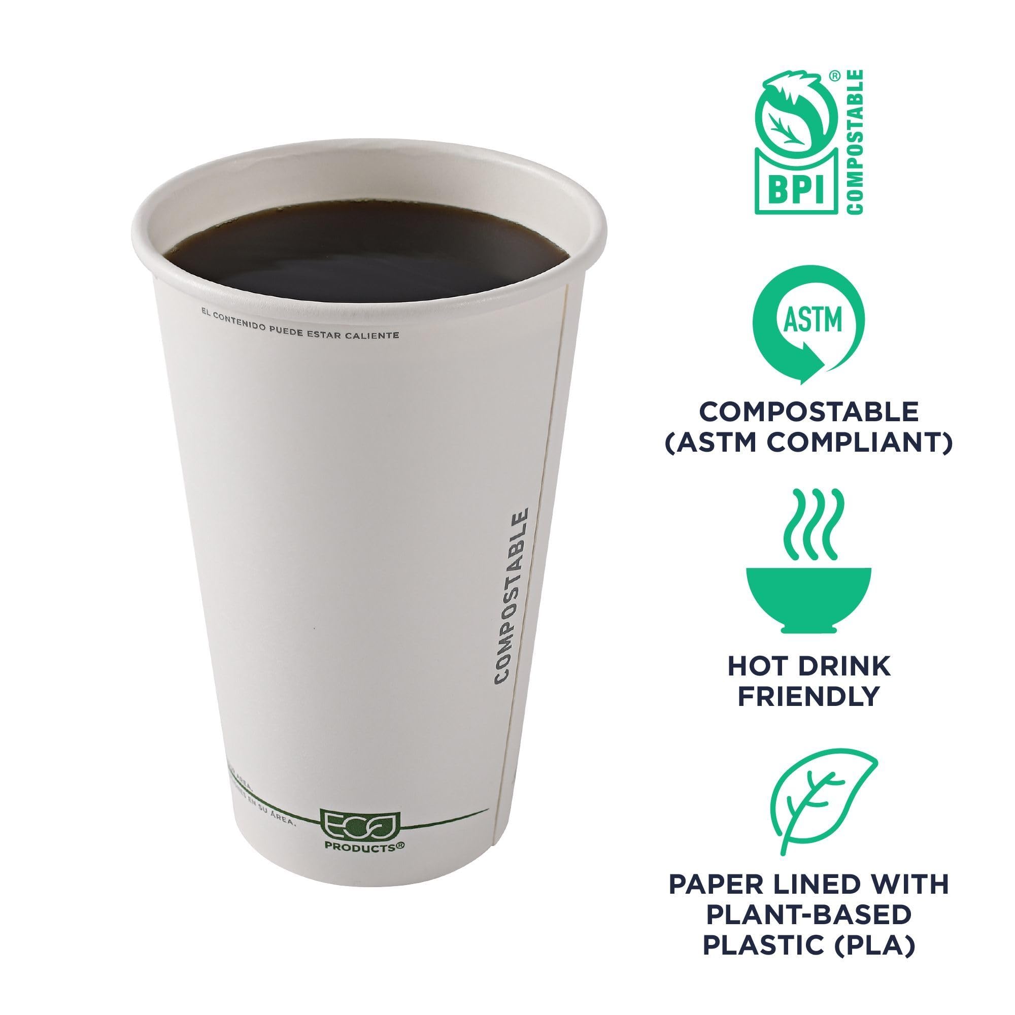 ECO-Friendly Compostable 16oz Coffee Cups - 1000 Count Case, White Single Wall Hot Paper Cups with Plant-Based PLA Lining | Biodegradable & Sustainable Disposable Cups for Coffee Shops, Offices, and Events