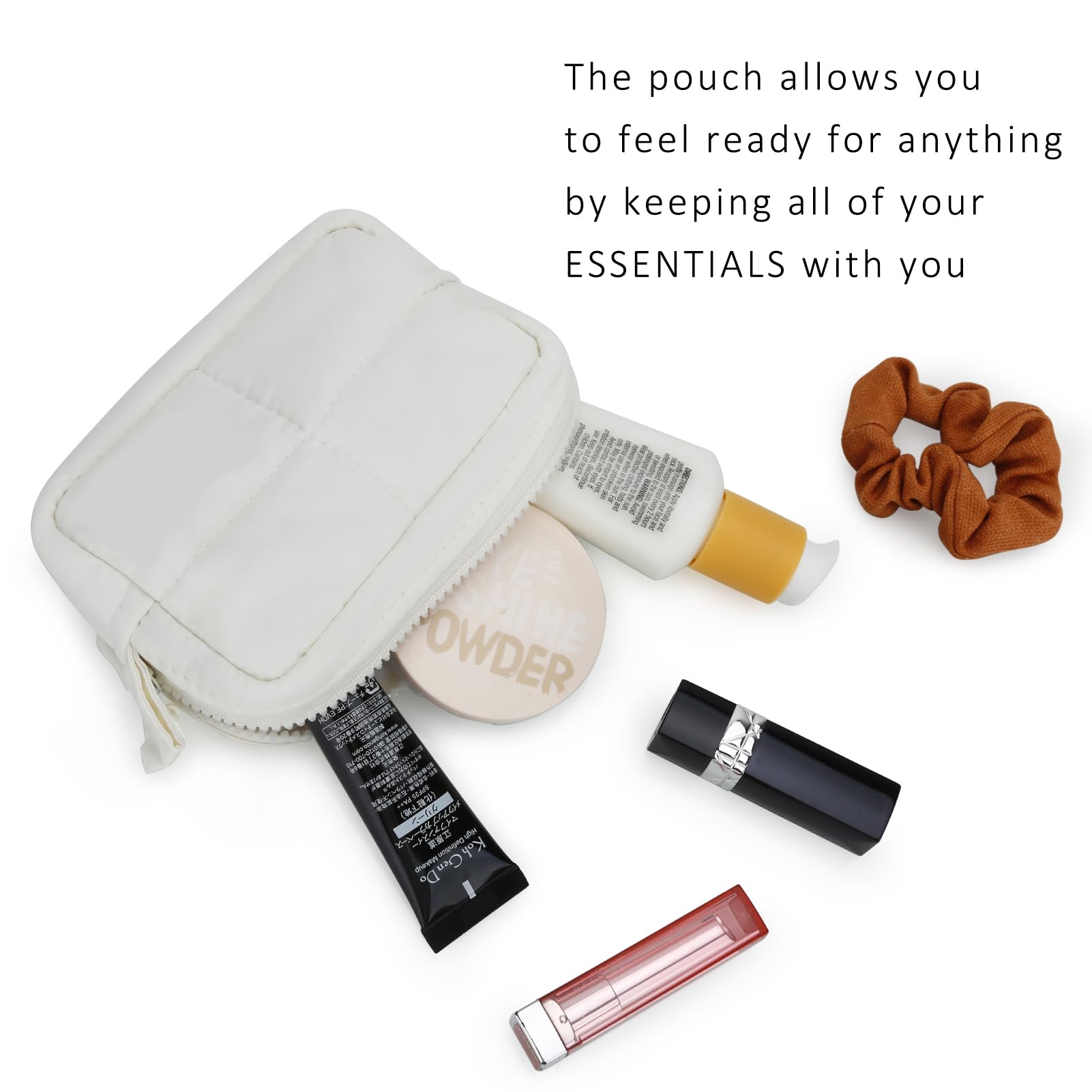 Cute Mini Makeup Bag for Women - Travel Cosmetic Organizer | White Quilted Toiletry Pouch for Daily Use & Trips