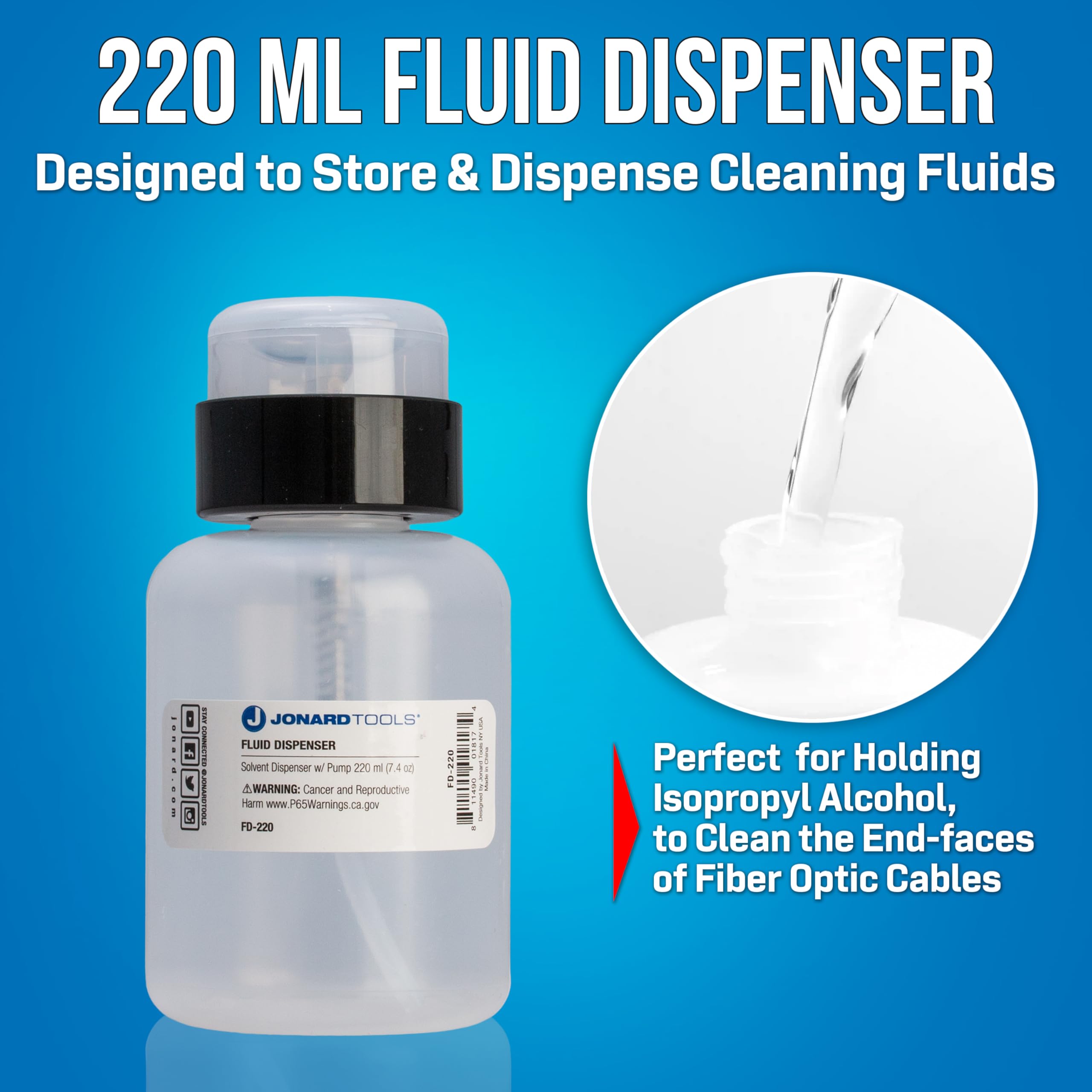 Jonard Tools FD-220 220ml Fluid Dispenser for Isopropyl Alcohol & Cleaning Fluids | Ideal for Electronics, Labs & Workspaces
