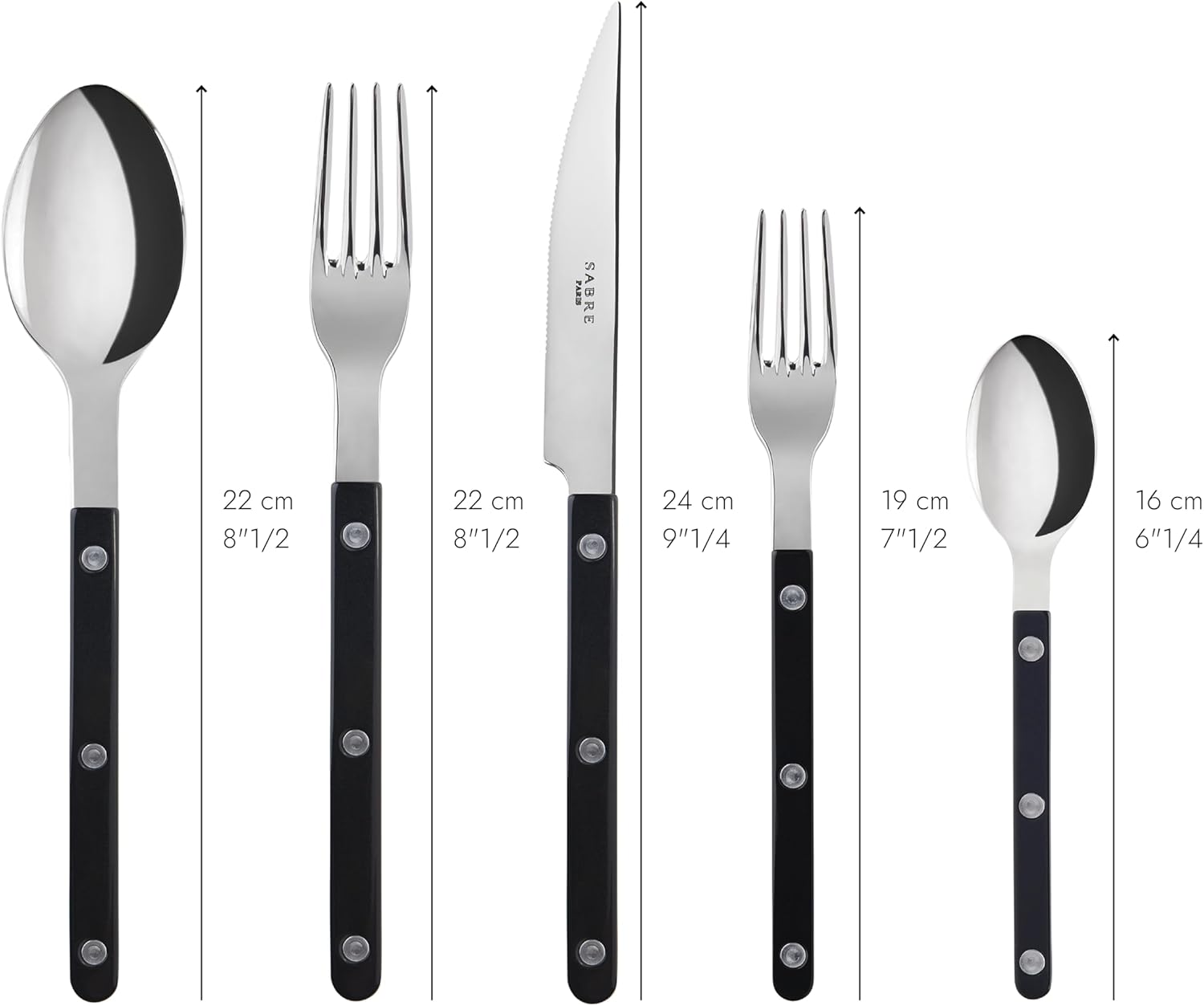 5-Piece Flatware Set - Bistrot Collection with Knife, Fork, Soup Spoon, Teaspoon & Dessert Fork - Stainless Steel & Nylon - Dishwasher Safe - Black - Brilliant Finish - Perfect for Restaurants, Cafes, and Home Dining