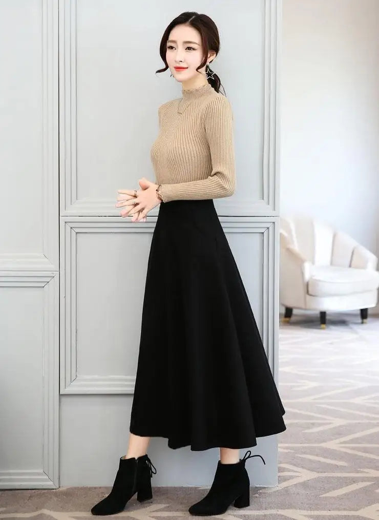 Black Elastic High Waist Pocket Long Skirt for Women - Plus Size Pleated Casual Skirt - Versatile Slimming Midi Skirt for Spring & Fall | Perfect for Office, Dating & Travel