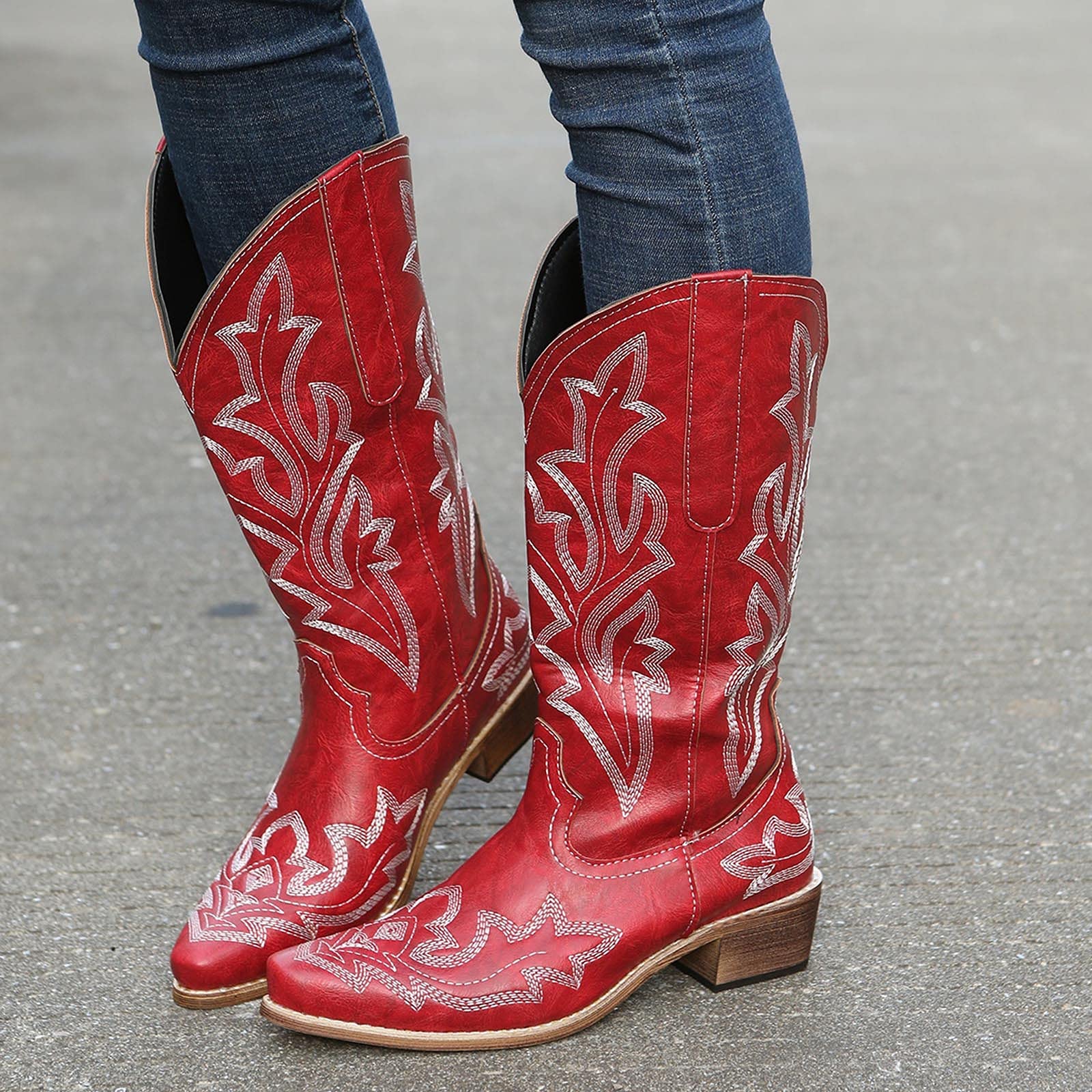 Women's Mid Calf Western Cowboy Boots - Low Heel Embroidery Cowgirl Boots with V-Cut Square Toe & Wide Width | Perfect for Casual Wear, Country Dancing & Western Fashion Outfits