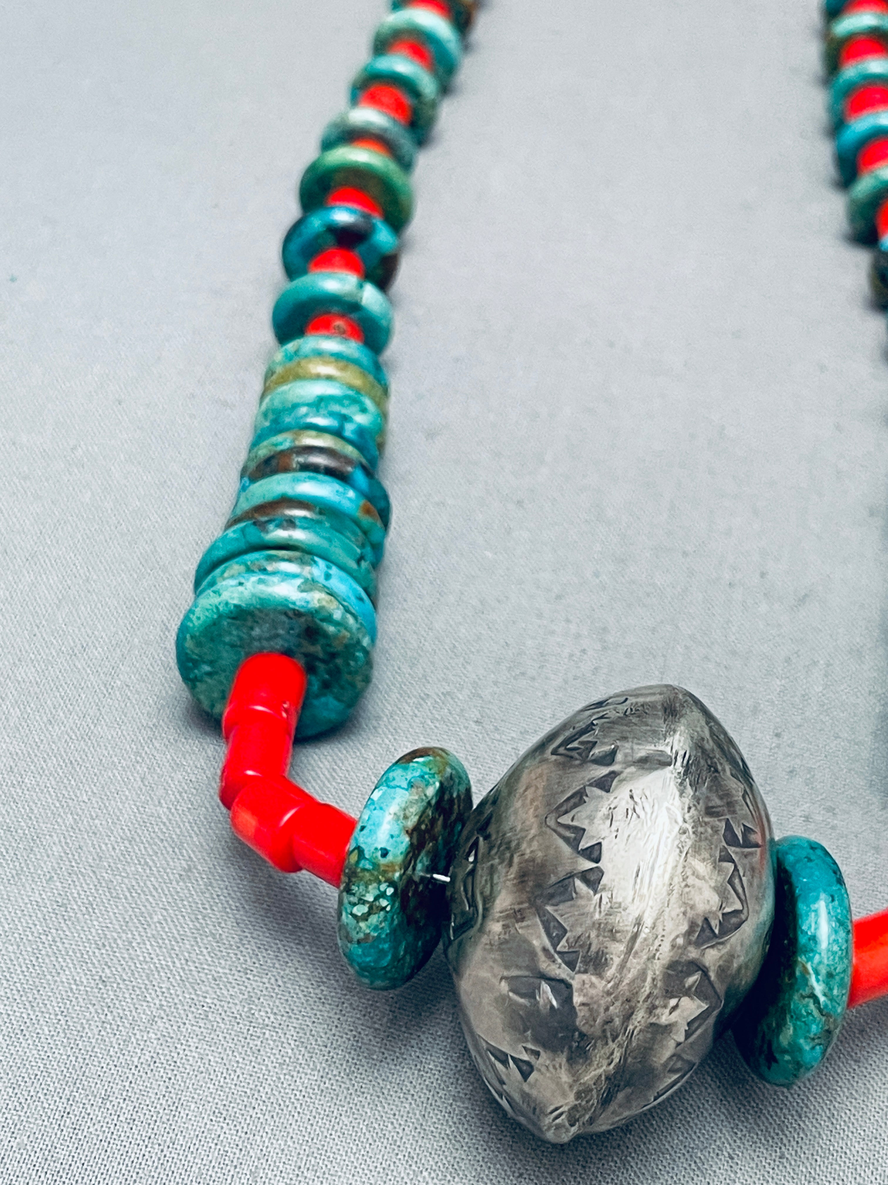 106g Sterling Silver Navajo Turquoise Coral Necklace – Handmade Native American Jewelry for Women, Boho Chic Accessory – Perfect for Festivals, Weddings & Boho Fashion
