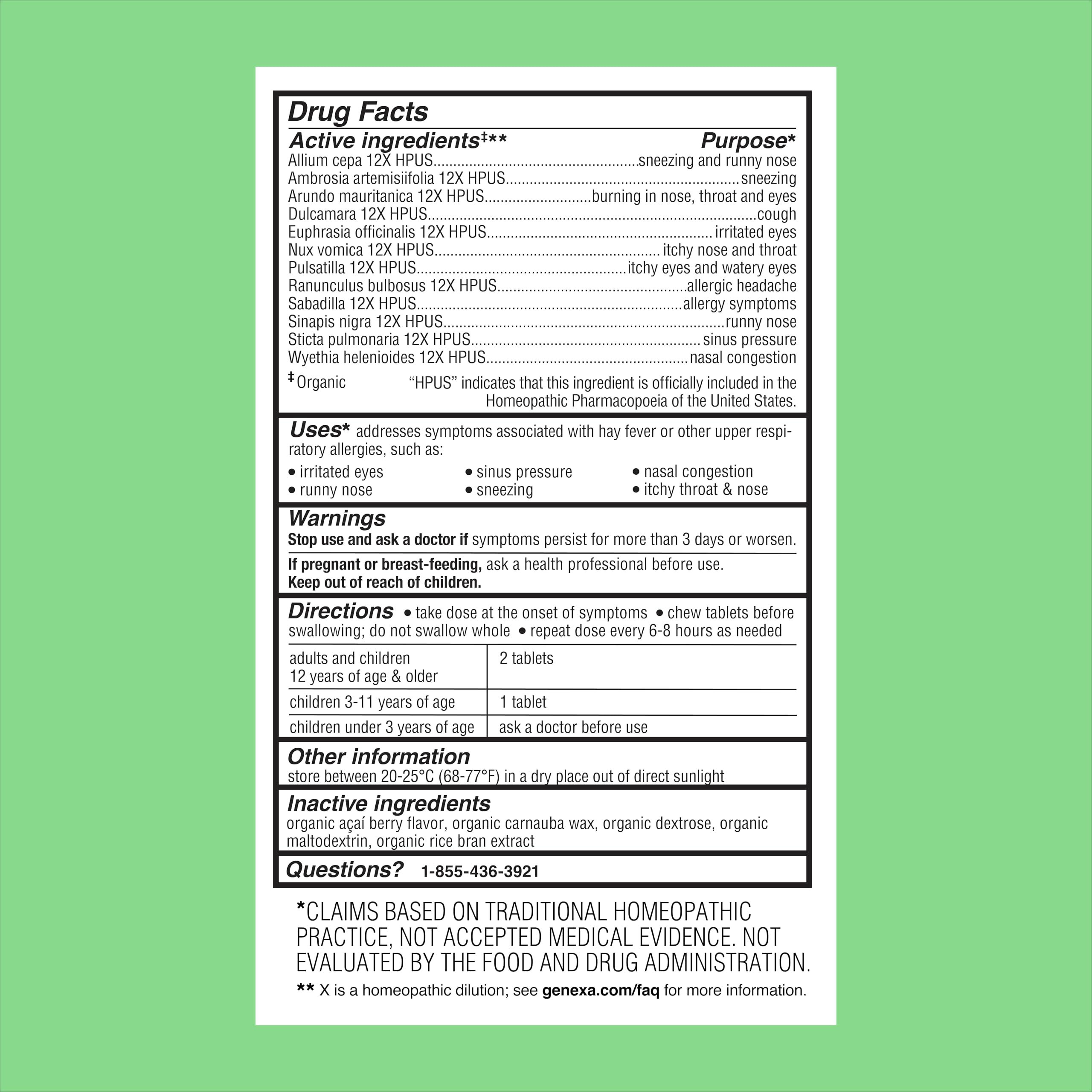 Genexa Allergy Relief Chewable Tablets - Organic Acai Berry Flavor | Drug-Free, Non-Drowsy Homeopathic Remedy for Adults | 60 Count | Natural Allergy & Congestion Support for Seasonal Allergies, Dust & Pet Allergies | Perfect for Home, Office & Travel Use