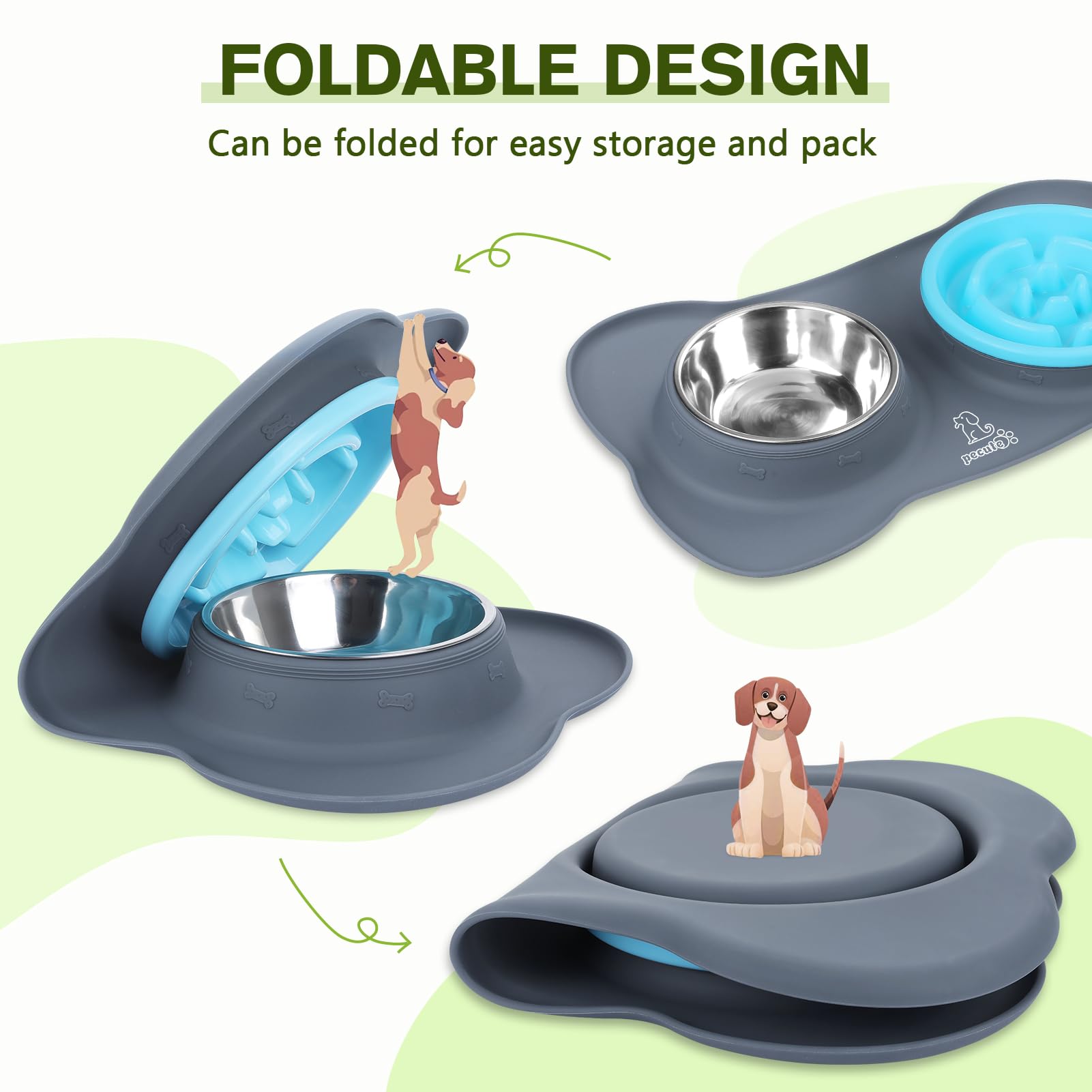 Pecute Slow Feeder Dog Bowl - Non-Spill Non-Skid Silicone Mat, Food-Grade Stainless Steel Pet Bowl for Dogs & Cats - Perfect for Fast Eaters & Messy Drinkers at Home or Travel