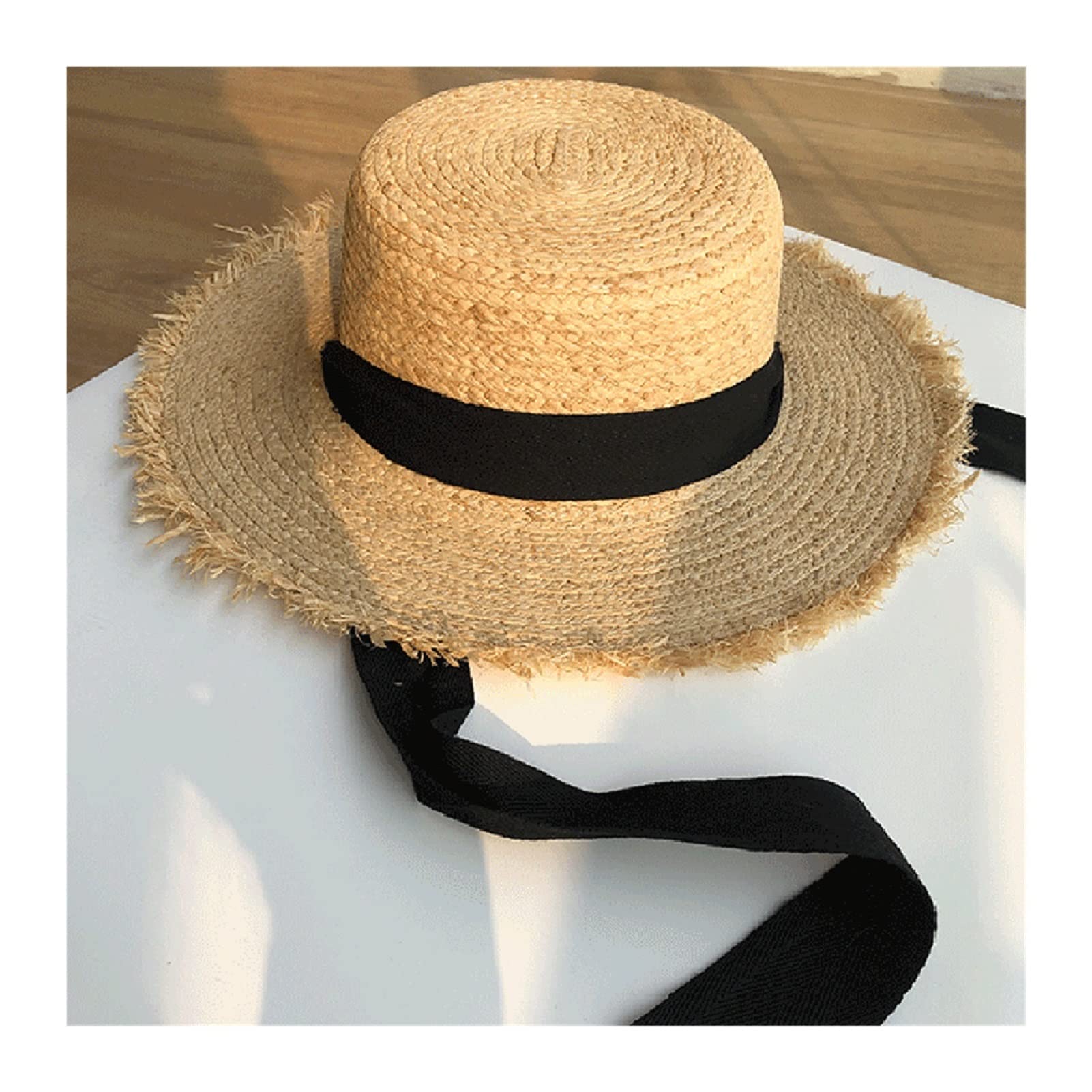 Women's Wide Brim Straw Sun Hat with Black & White Ribbon Bow - UPF 50+ Sun Protection Beach Hat (56-58cm) for Summer, Vacation, Pool, and Outdoor Activities