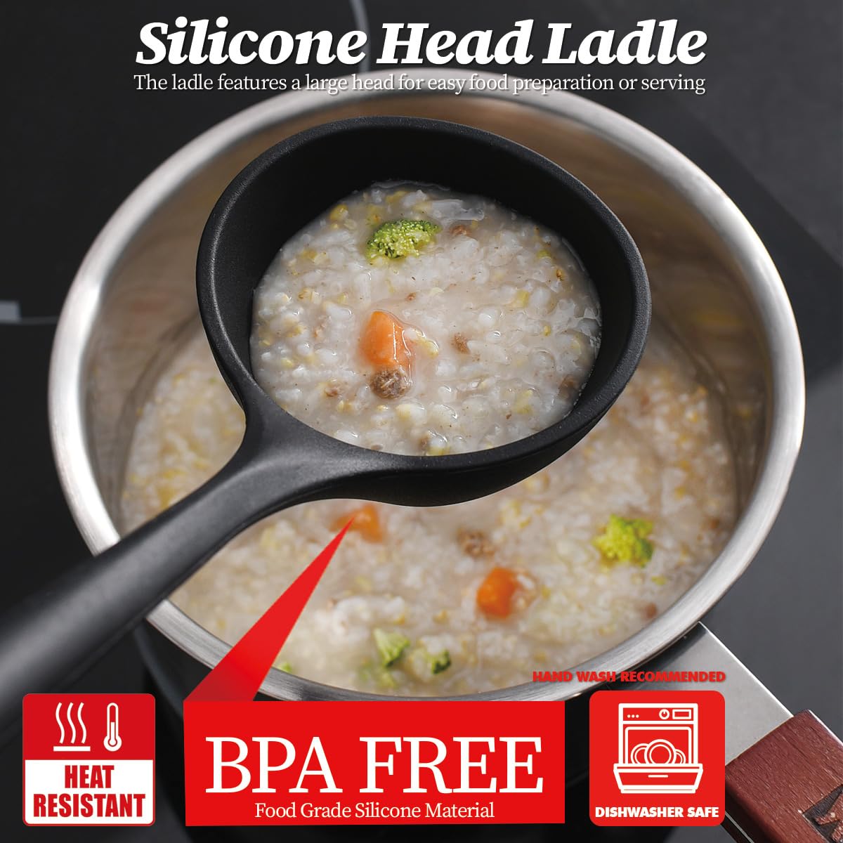 **Heat-Resistant Silicone Cooking Ladle with Long Wooden Handle - Gentle Head Design Protects Cookware - Perfect for Portioning Batter, Soup & Stir-Fry - Ideal for Chefs & Home Kitchens**    *(Use Scenes: Great for cooking soups, sauces, batters, and stir-fries in woks, pots, and pans. Safe for non-stick cookware and perfect for professional chefs or home cooks.)*