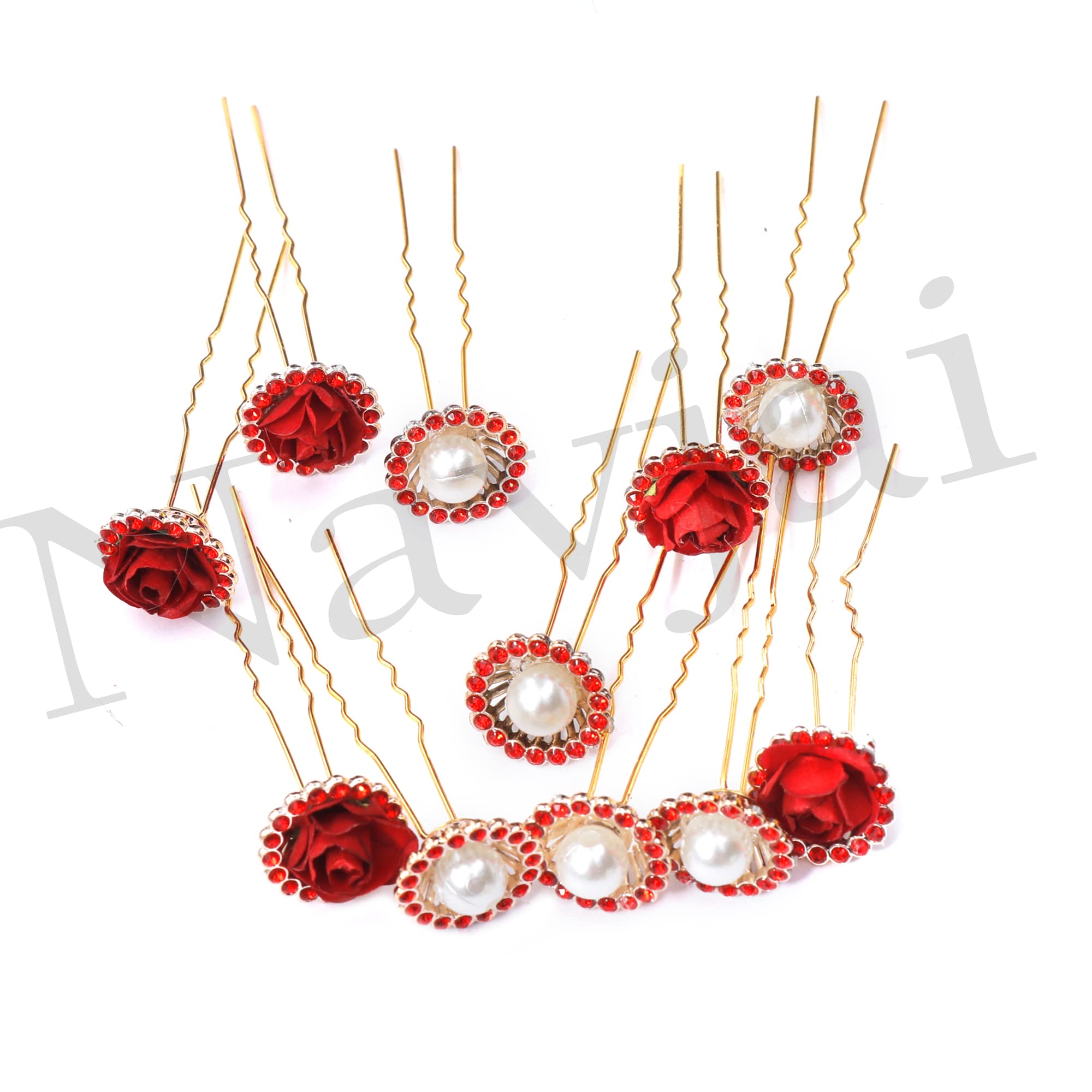 Handmade Red Rose Floral Hairpin - Elegant Bridal Hair Accessory with Imitation Crystal Rhinestones & Pearls, U-Shaped Hair Fork for Weddings, Parties & Special Occasions (Pack of 12)
