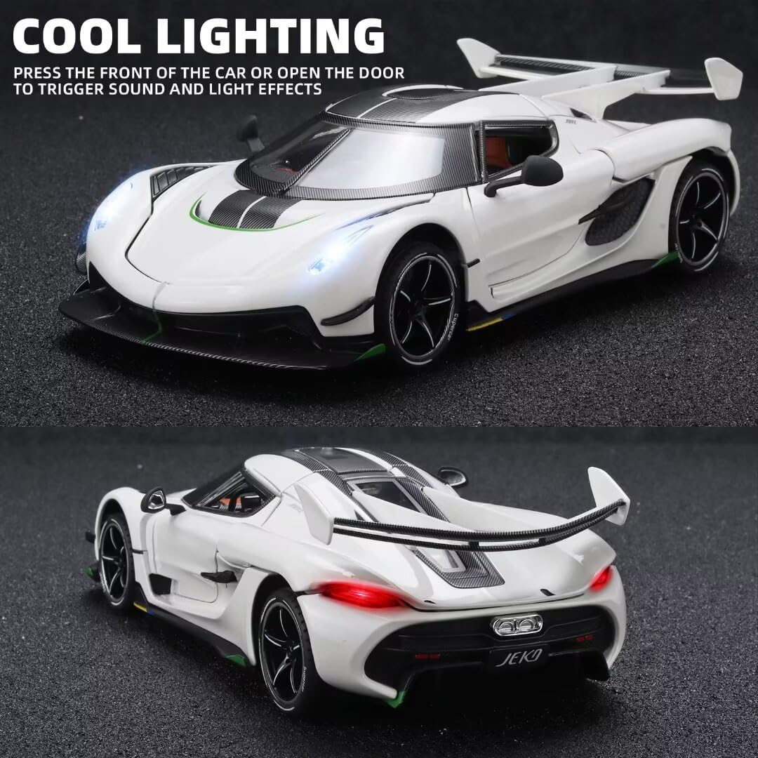 1/24 Scale Koenigsegg Jesko Metal Die Cast Toy Car - Pull Back Action with Light & Sound - Collectible Model Car for Boys Age 3+ (White) - Perfect Birthday Gift & Race Track Play for Kids