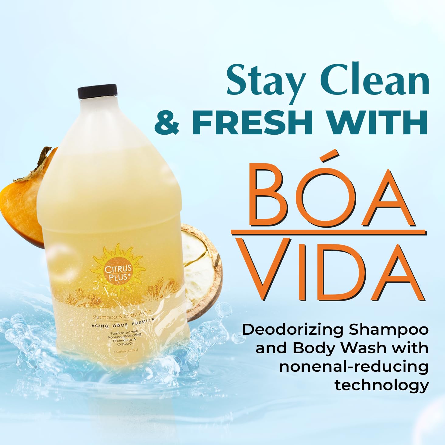 BoaVida Citrus Plus Elder Deodorizing Shampoo and Body Wash - Persimmon & Cupuacu Butter Formula for Nonenal Odor Control - Leak-Proof Cap - 1 Gallon - Ideal for Elderly Care & Senior Hygiene