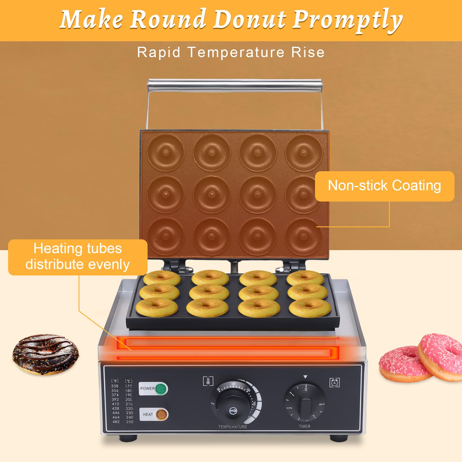 Commercial Electric Donut Maker Machine - 12 Hole Waffle & Pancake Maker with Double-Sided Heating, Non-Stick Surface - Perfect for Breakfast, Snacks, Desserts at Home, Cafes or Bakeries