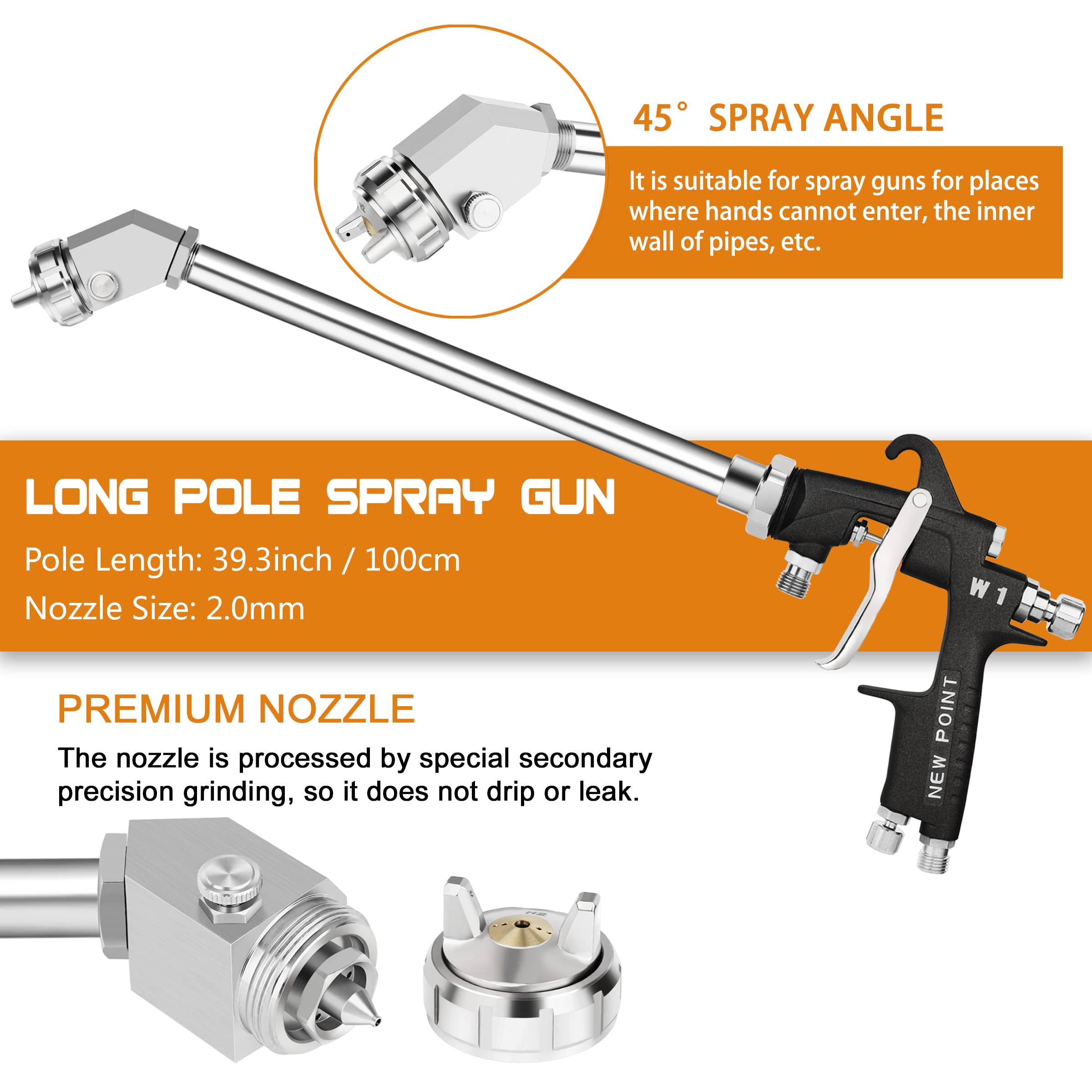 100cm Extension Long Pole Spray Angle Air Spray Gun - High Efficiency Pressure Feed Paint Gun for House & Automotive Painting (2.0mm Nozzle, 45° Spray Angle) | Perfect for Wall, Ceiling, Fence & Car Body Painting Projects