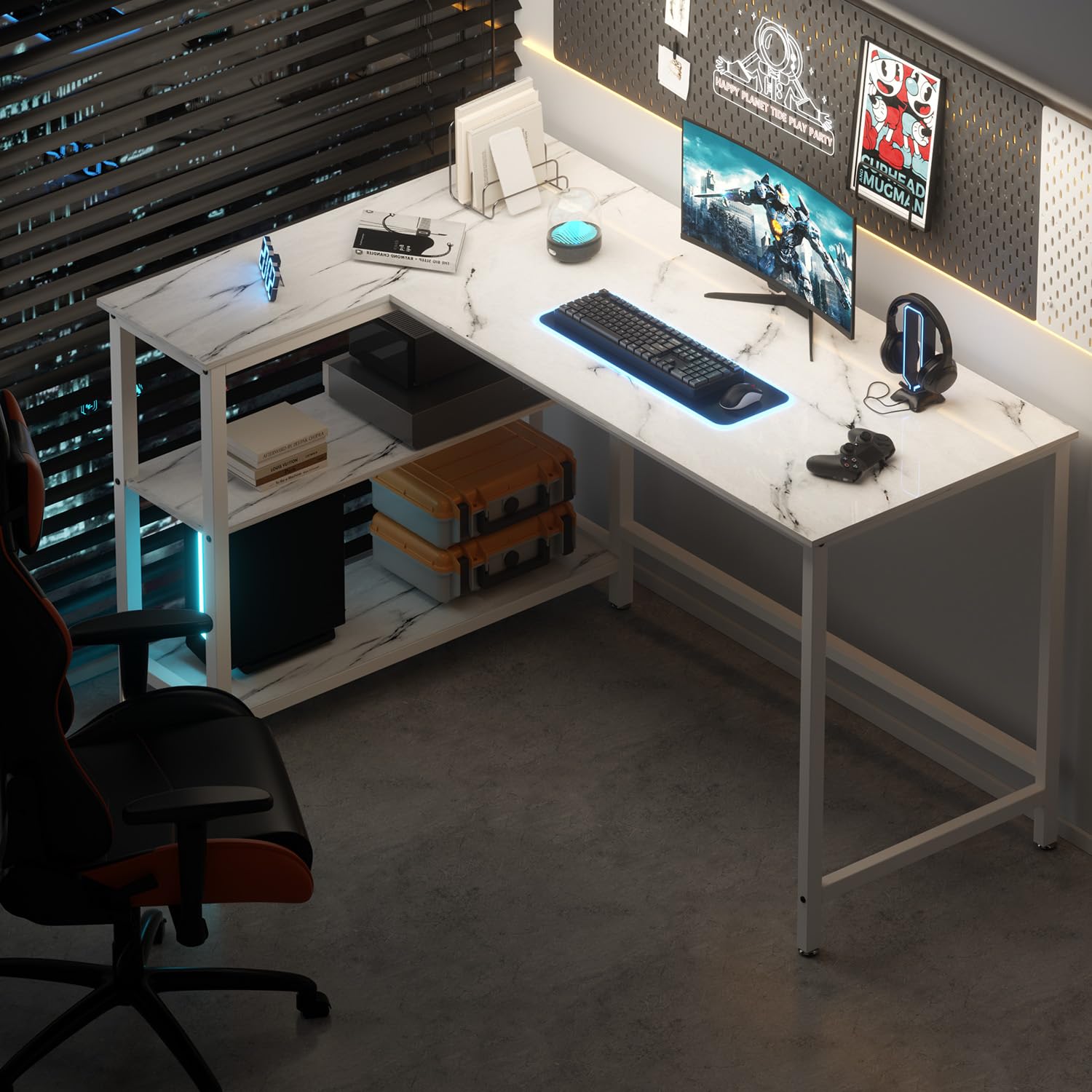 WOODYNLUX 50 Inch Computer Desk with Shelves - Sturdy Gaming & Writing Desk, Study PC Table Workstation with Storage | Home Office, Living Room, Bedroom | White Metal Frame | Perfect for Remote Work, Online Classes & Gaming Setup