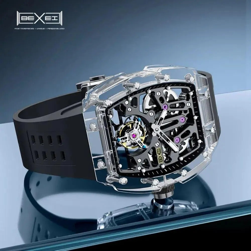 BEXEI 9127 Luxury Men's Transparent Skeleton Tourbillon Watch - K9 Crystal Glass, 72H Power Reserve, Waterproof Mechanical Wristwatch for Business, Formal Events & Gift Giving