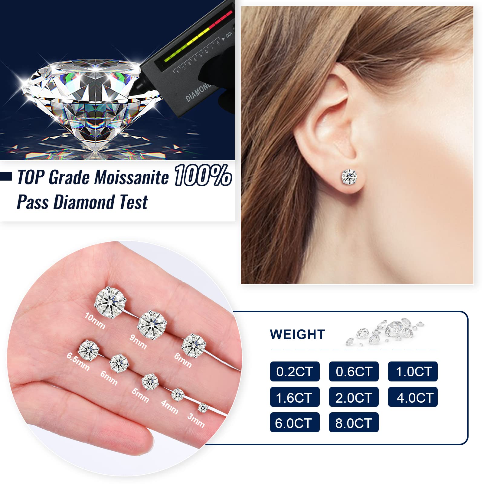 Moissanite Stud Earrings 0.2CT-8.0CT Pair | Hypoallergenic D Color VVS1 Clarity | Round Cut Lab Created Moissanite Diamond Earrings | 18K Gold Plated or 925 Sterling Silver | Anniversary Gift for Women & Men | Perfect for Weddings, Parties & Everyday Elegance