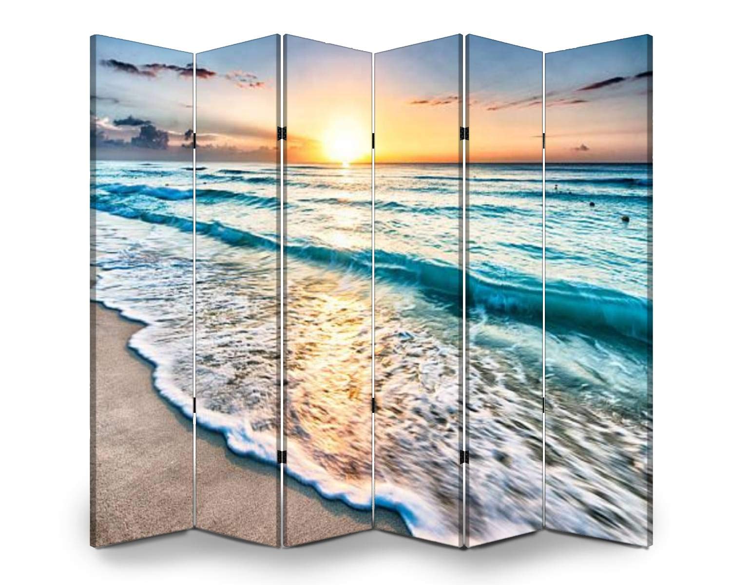 Wooden Room Divider with Sunrise Beach Canvas - 6-Panel Folding Privacy Screen for Home & Office | Dual-Sided Decorative Partition with Display Shelves | Perfect for Living Rooms, Bedrooms, and Workspaces