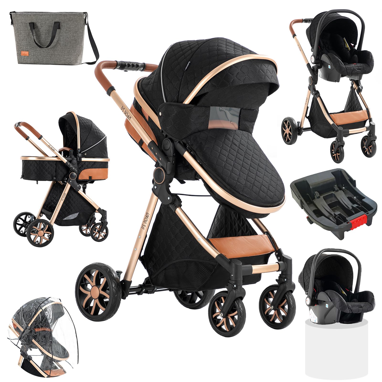 3 in 1 Baby Stroller Travel System Combo Set - Reversible Convertible Infant Stroller with One-Click Folding, Lightweight Aluminum Frame Stroller for Newborn to Toddler (Black Gold) | Perfect for Shopping, Travel & Daily Walks