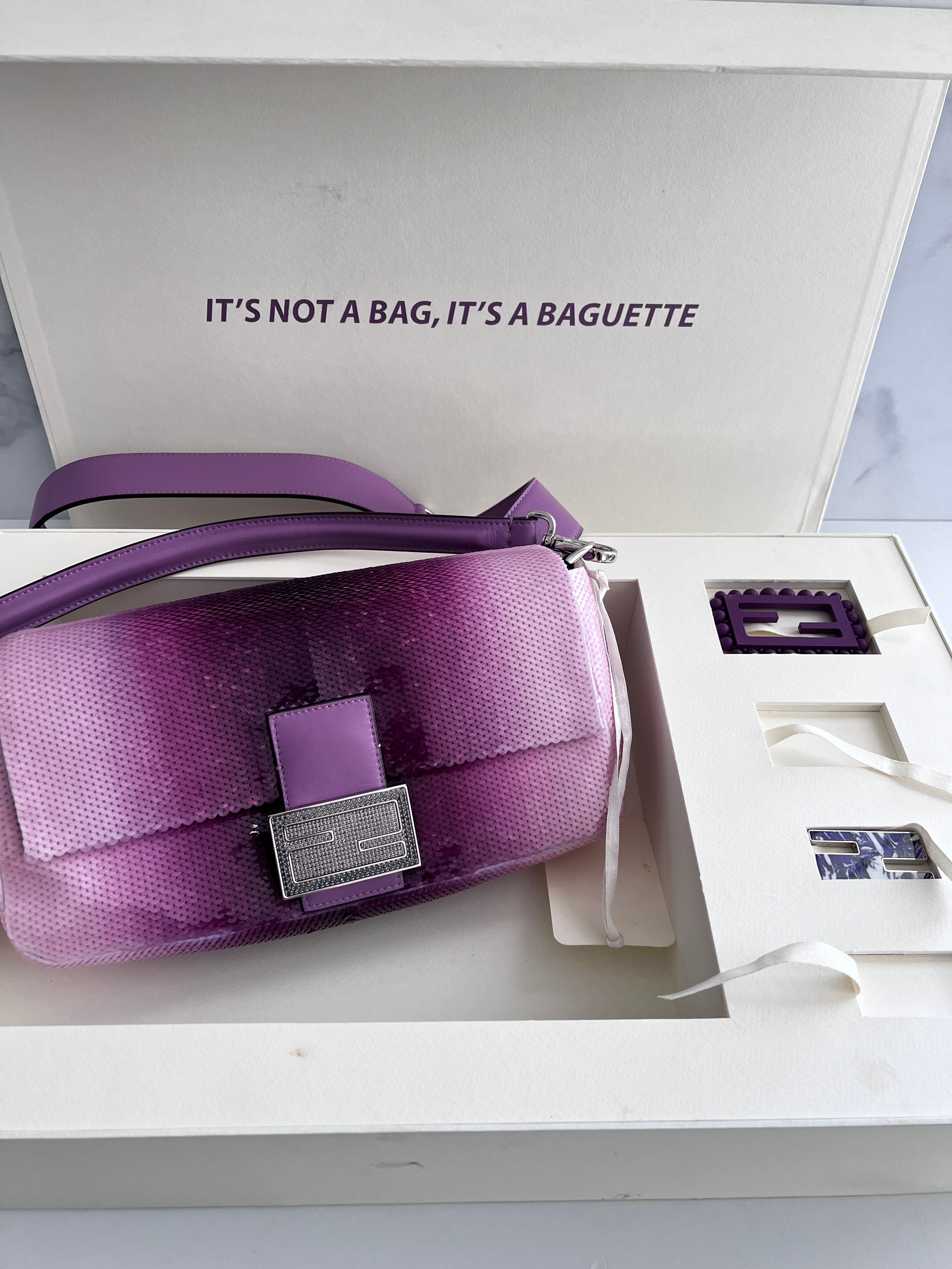 Fendi & SJP Purple Sequin Baguette Bag - Elegant Evening Clutch for Parties, Weddings & Special Occasions