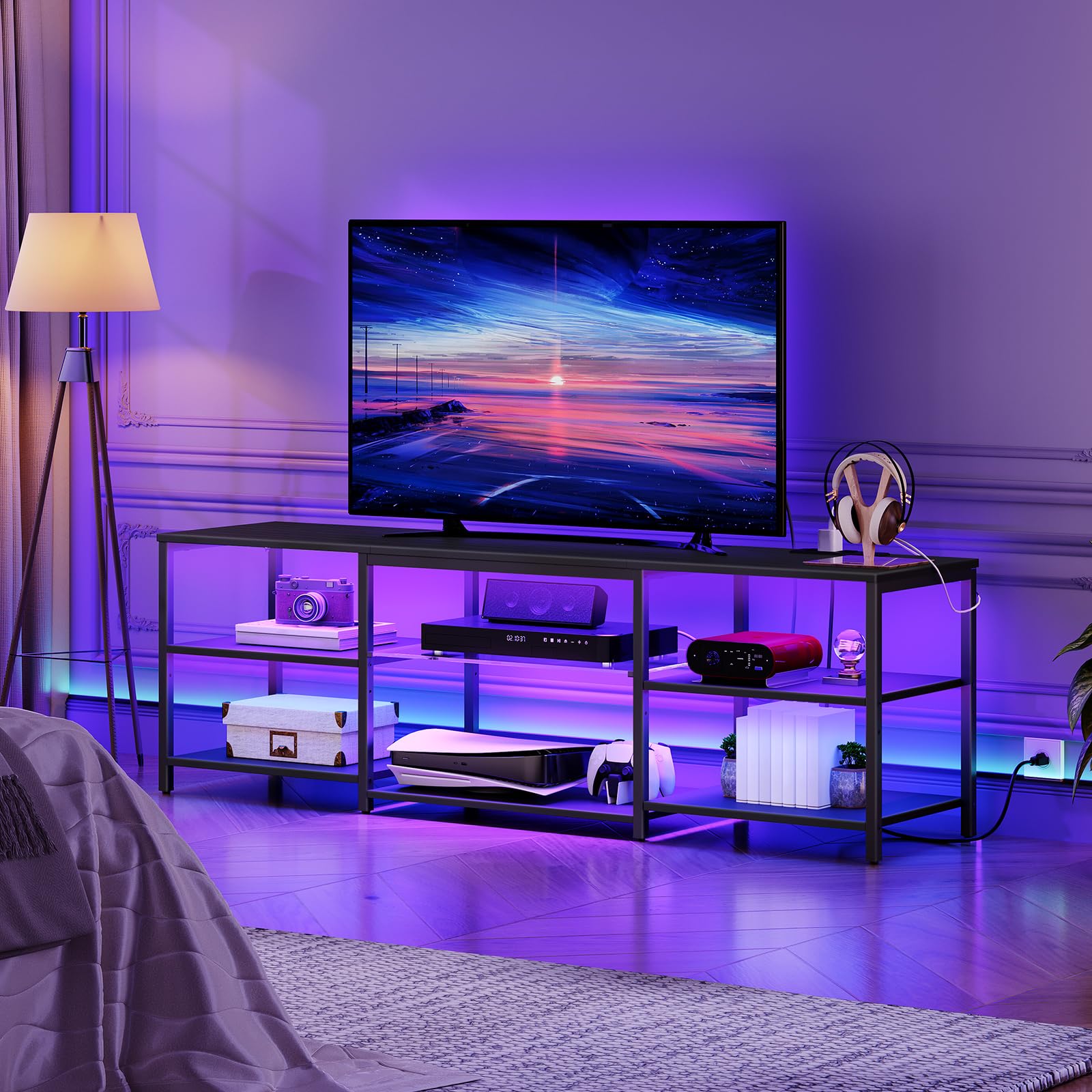 HOOBRO 75 Inch LED TV Stand with Charging Station & 3-Tier Open Storage - 63