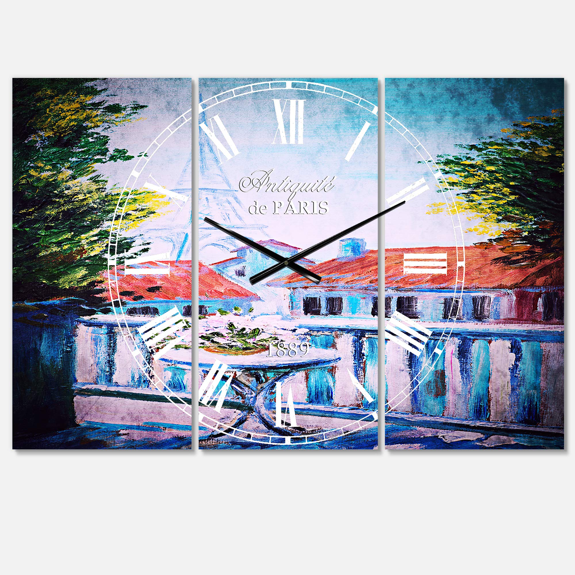 Designart Paris Eiffel Tower Wall Art - Mediterranean Style 3-Panel Decorative Metal Wall Clock | Home Decor for Living Room, Bedroom & Office | Perfect for French-Themed Interiors & Gift Giving