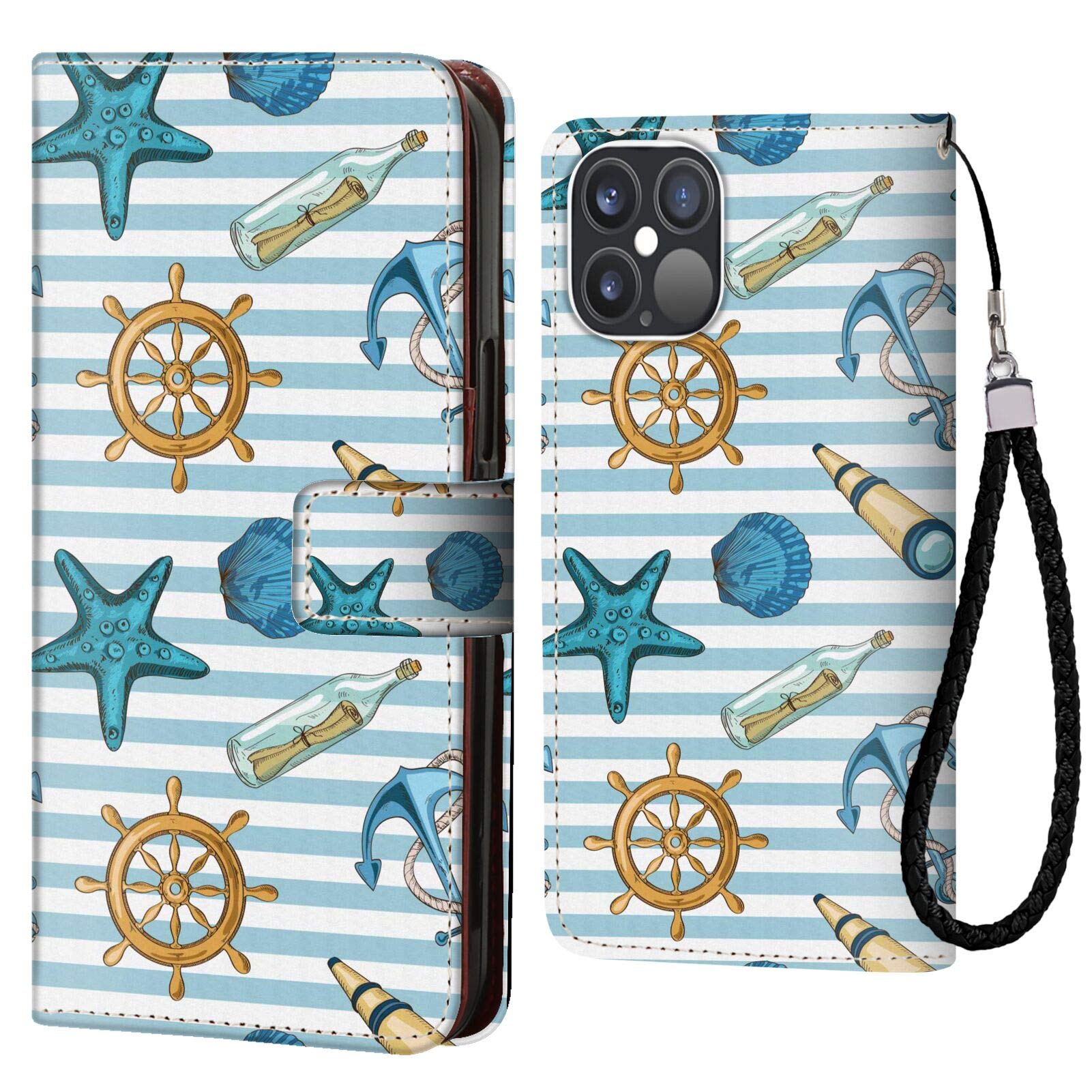 Premium Leather Wallet Case for iPhone 12 Pro Max (6.7-Inch, 2020) - Nautical Marine Design with Anchor, Wheel, Starfish & Seashell Patterns in Blue & Apricot | Stylish & Protective Phone Cover for Everyday Use, Travel & Beach Outings