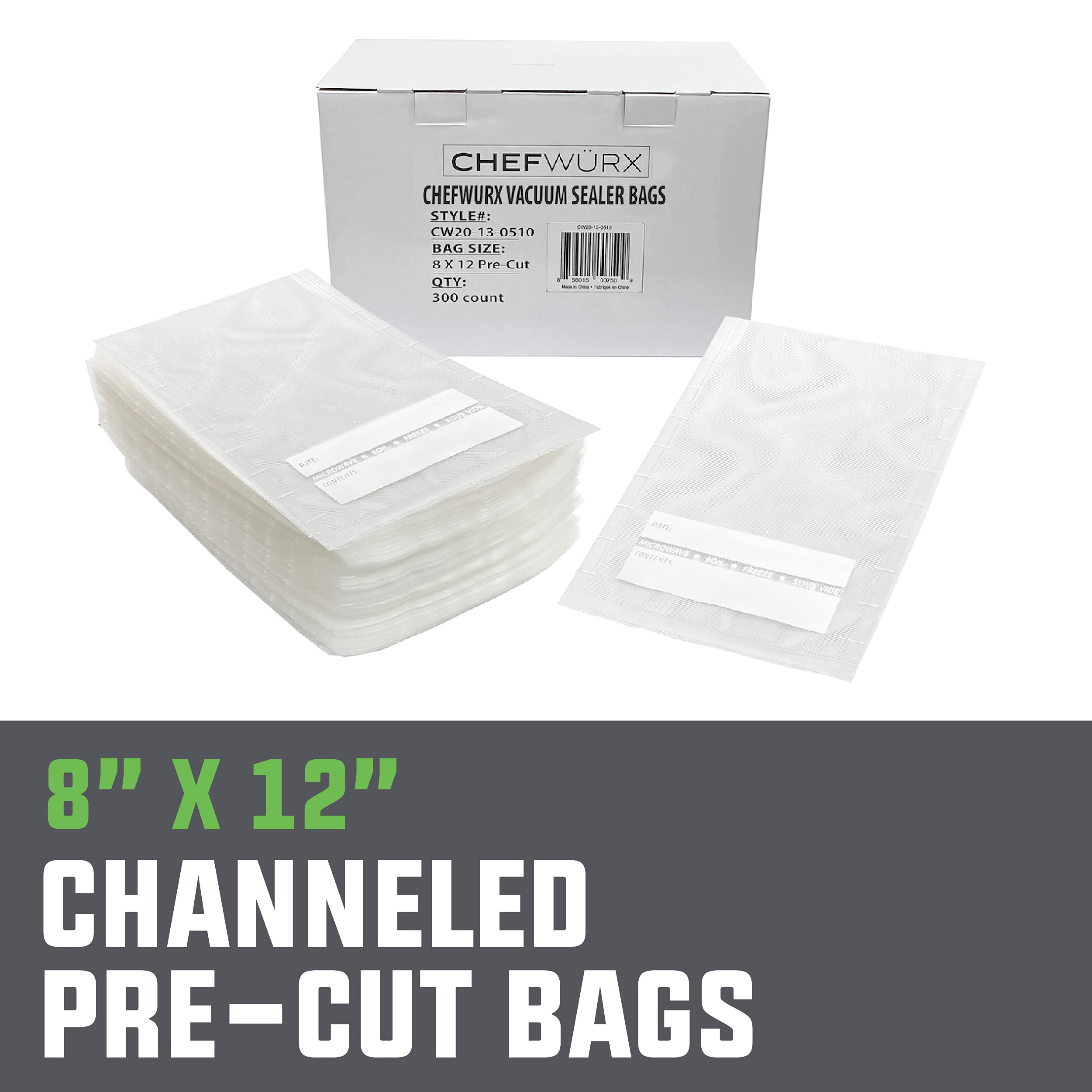 Chefwurx Pre-Cut Vacuum Sealer Bags - 300 BPA-Free Food Storage Bags (8