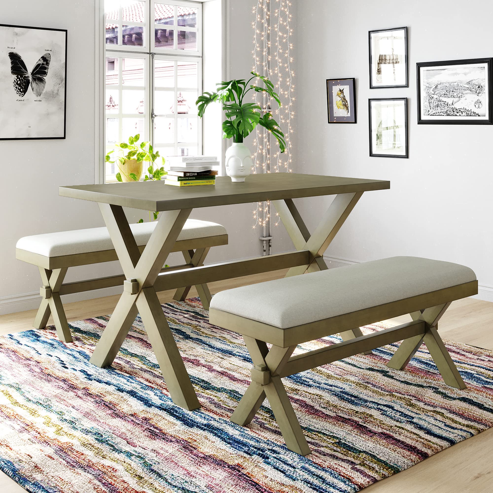 3-Piece Wooden Dining Table Set with 2 Upholstered Benches, Gray Green Kitchen Table and Chair Set for 4, Perfect for Family Meals and Small Spaces