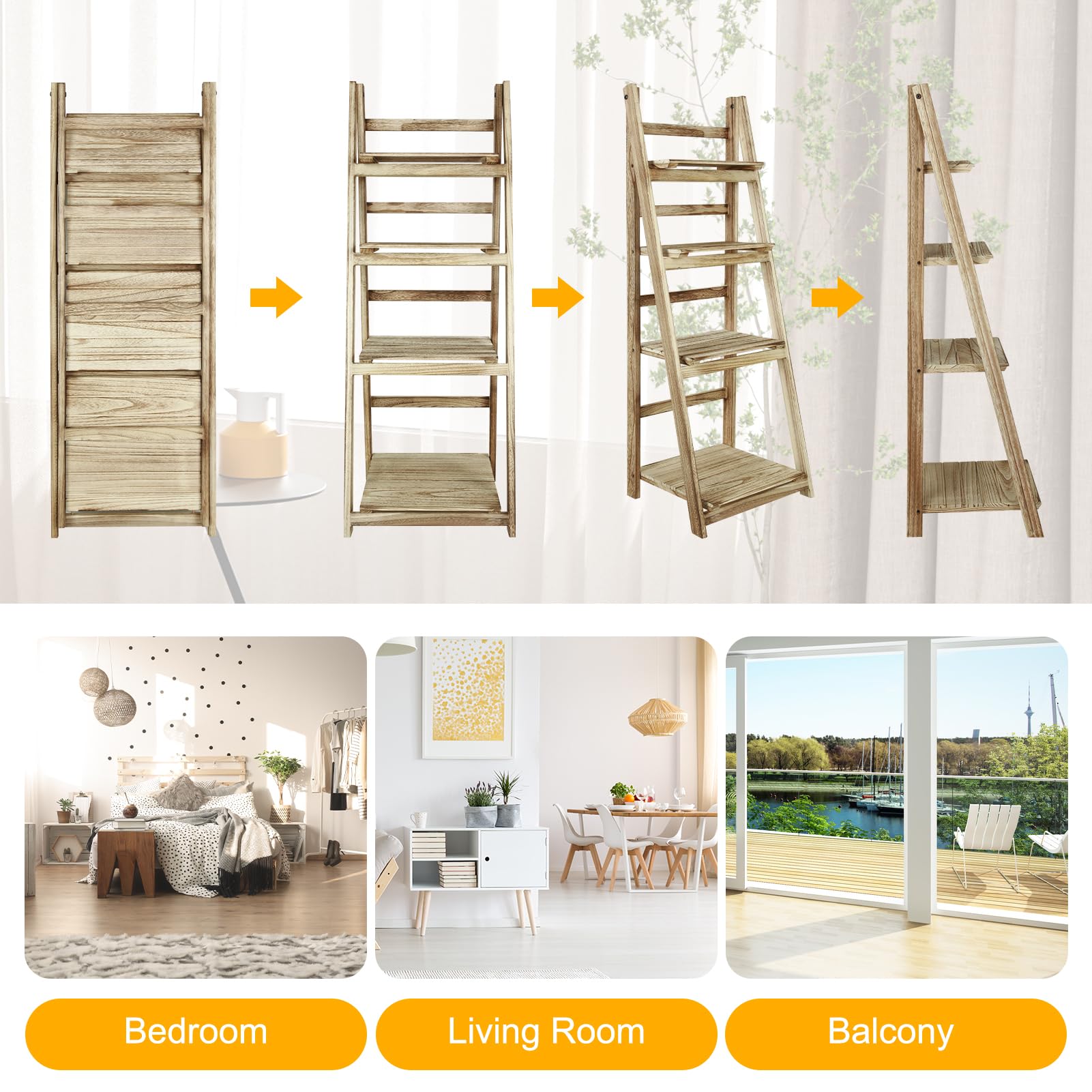 4-Tier Folding Ladder Shelf - Wood Plant Display Rack for Home & Office Decor