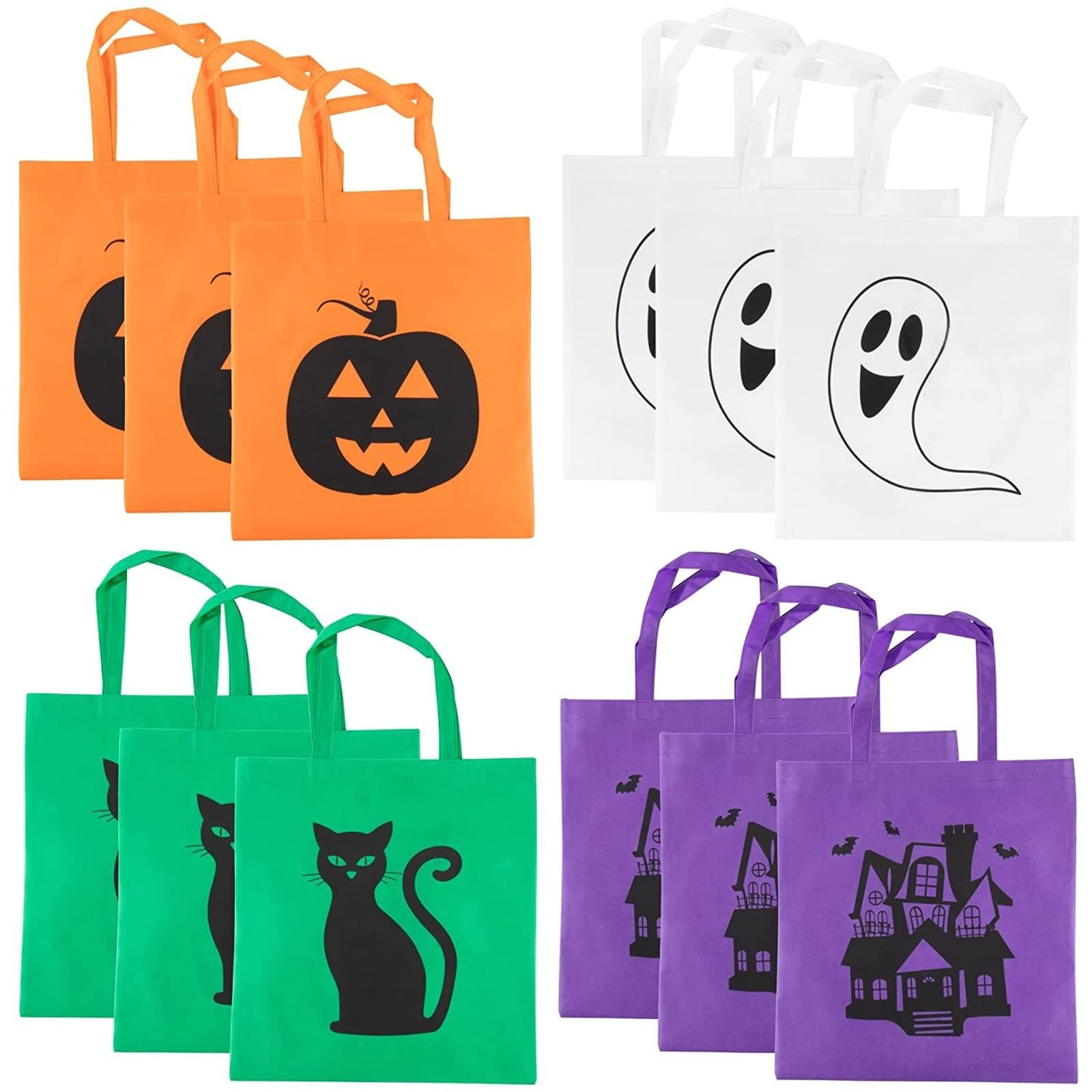 Halloween Tote Bags 12-Pack - Reusable Trick or Treat Bags for Kids, Halloween Party Favors, Candy & Goodie Bags (4 Designs, 3 Each, 15x16 Inches) - Perfect for Trick-or-Treating, Halloween Parties & School Events