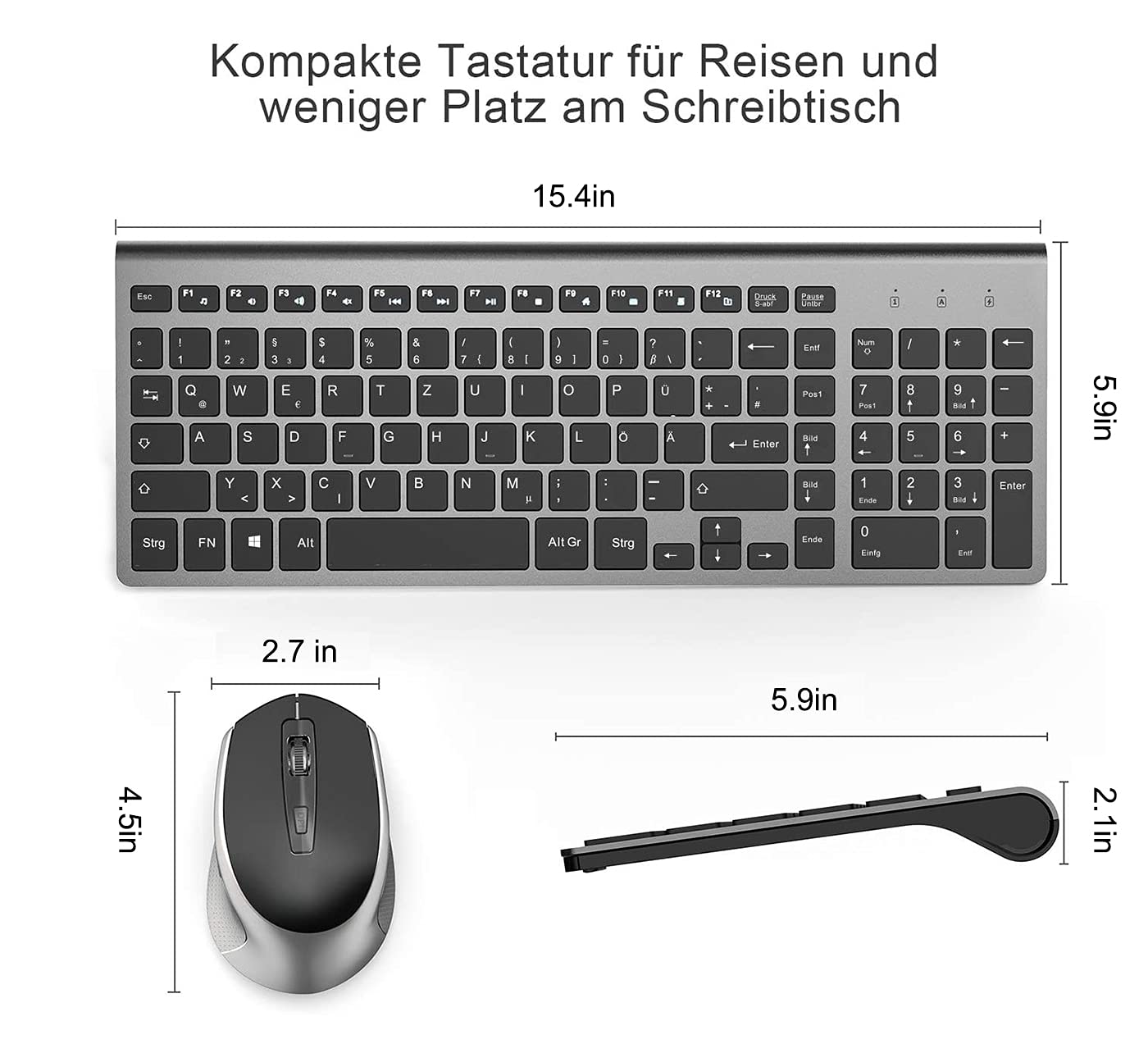 JOYACCESS Wireless Keyboard and Mouse Set, 2.4G Ultra-Thin Keyboard with Mouse, QWERTZ Layout (German), Ergonomic Keyboard Mouse Combo for Computer/Desktop/PC/Laptop - Windows 10/8/7, Black & Gray - Perfect for Office, Home, and Gaming Use
