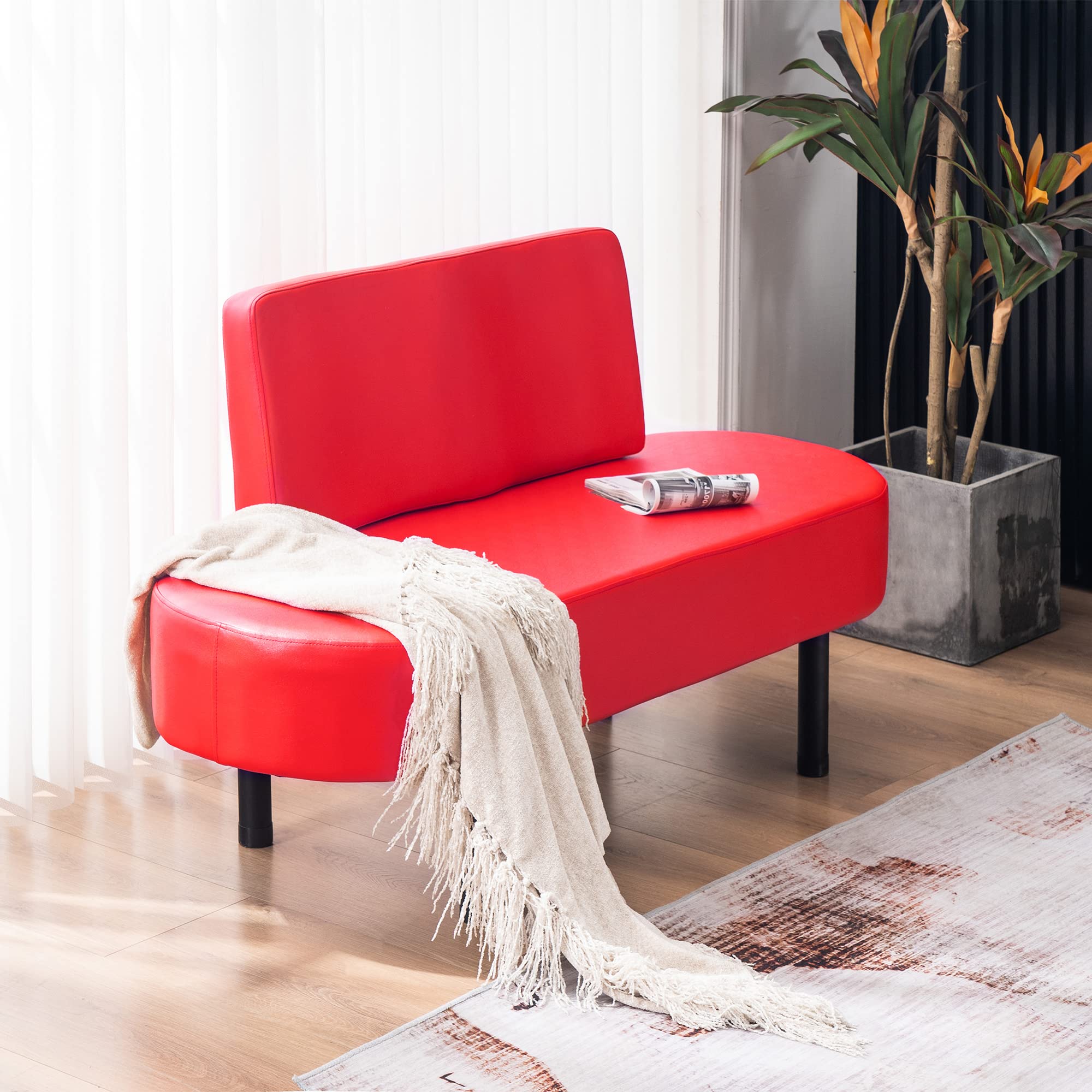 BarberPub Waiting Room Chairs - Leather Upholstered Reception Settee Bench with Backrest, Salon & Office Furniture W702 (Red) - Perfect for Barber Shops, Salons, Waiting Areas & Dining Spaces