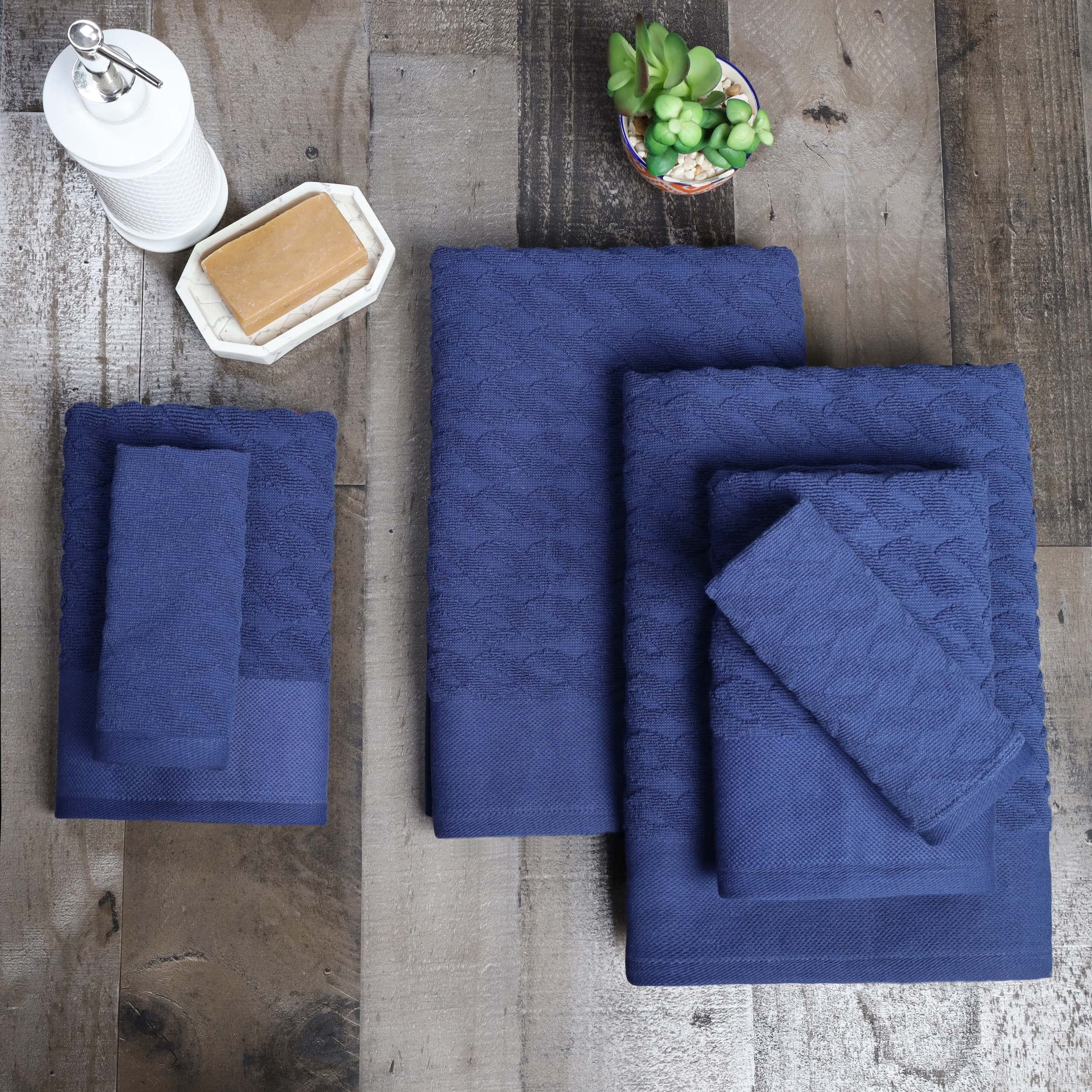 Premium BNM Herringbone Turkish Cotton Towel Set - Ultra Absorbent, Soft & Quick-Drying - Includes 2 Bath, 2 Hand & 2 Face Towels - Luxury Jacquard Design for Bathroom, Spa & Gym Use - 6-Piece Set in Navy Blue